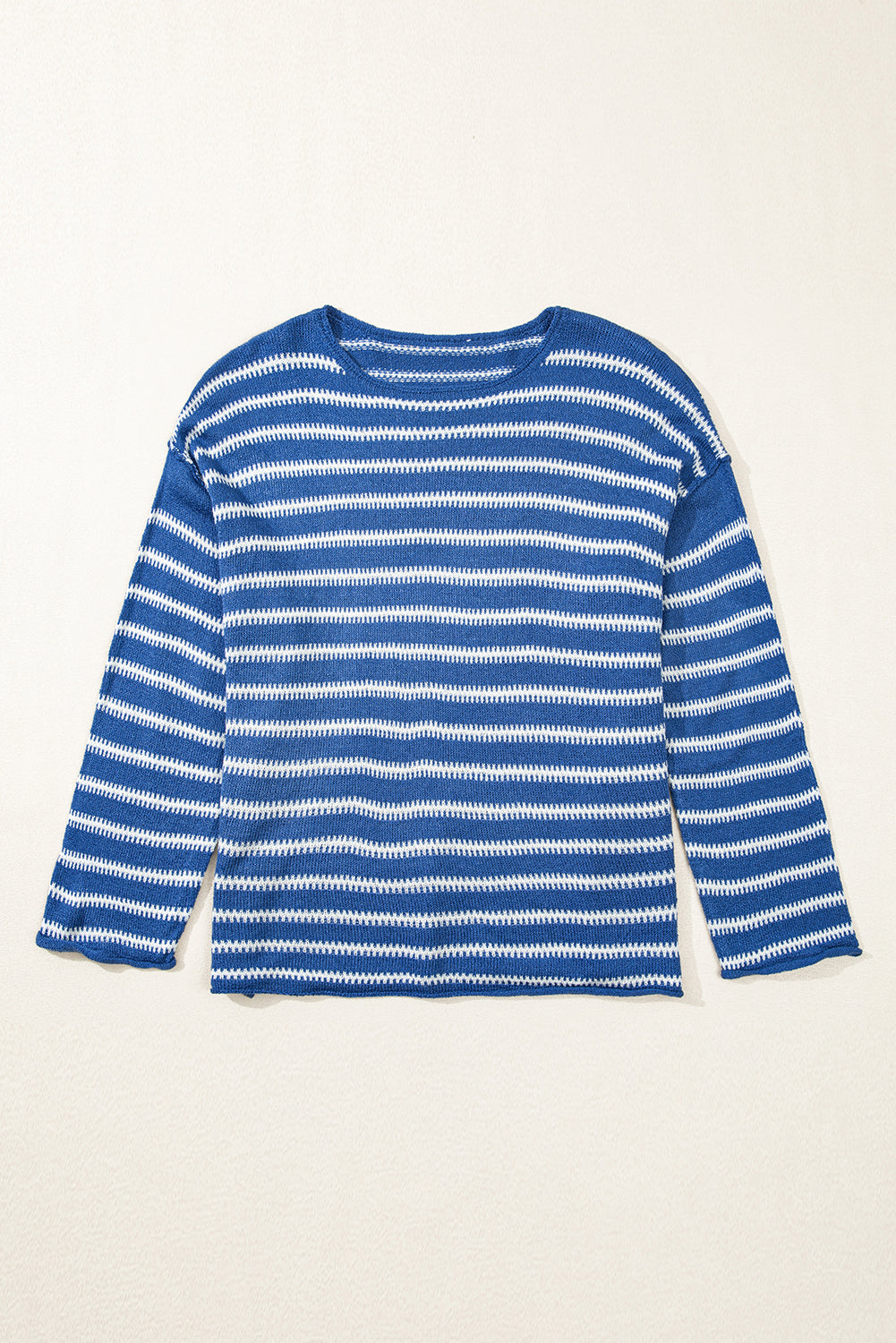 Sky Blue Stripe Drop-Shoulder Round-Neck Plus Size Sweater