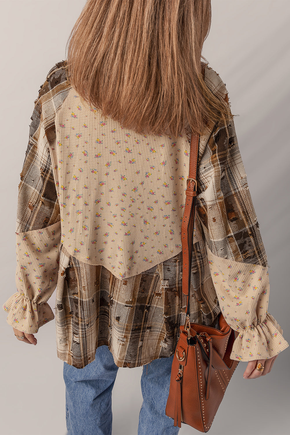 Oatmeal Boho Floral Plaid Distressed Ruffled Sleeve Waffle Knit Shacket