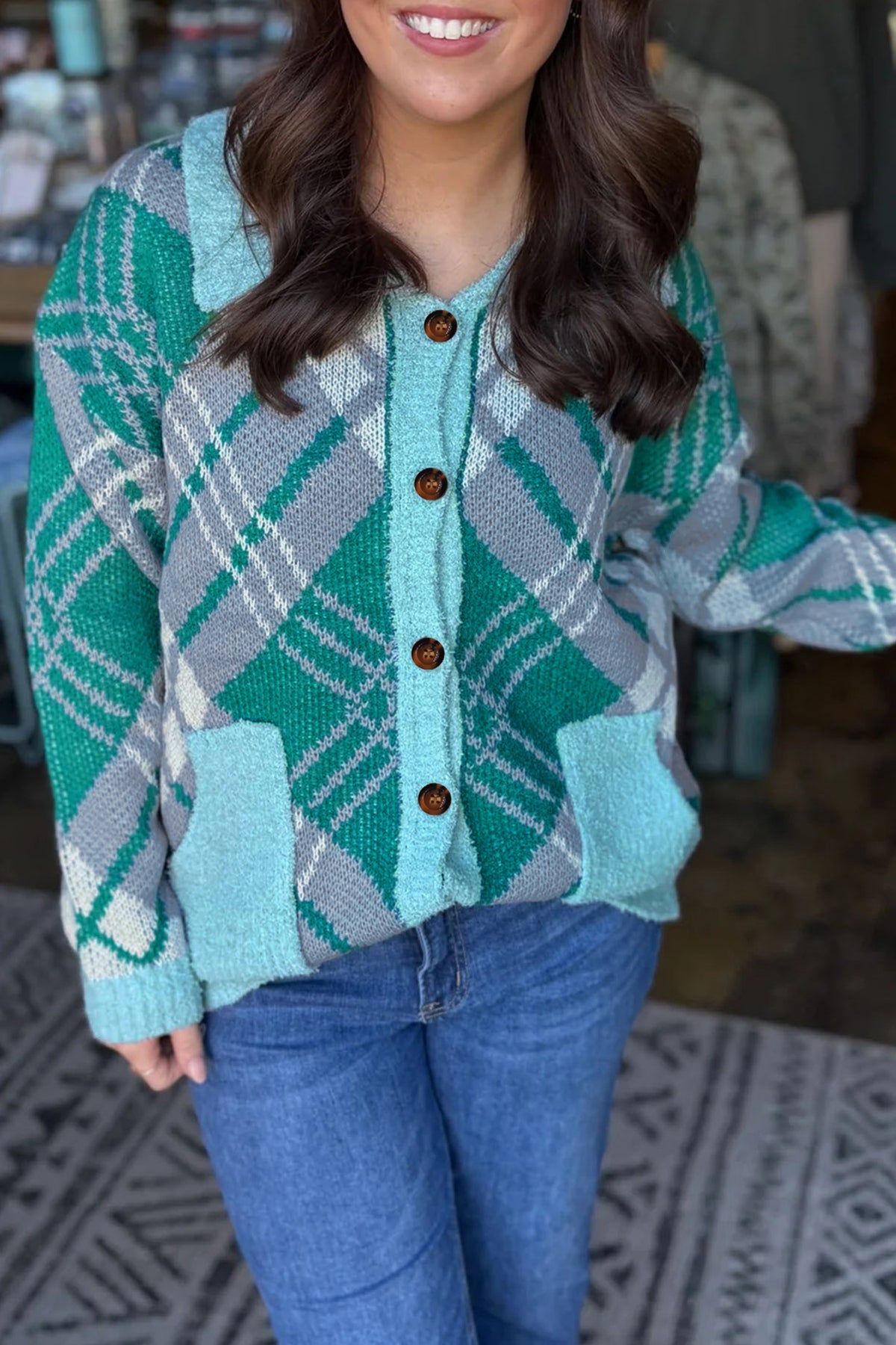 Green Plaid V-Neck Long-Sleeve Shift Cardigan Sweater