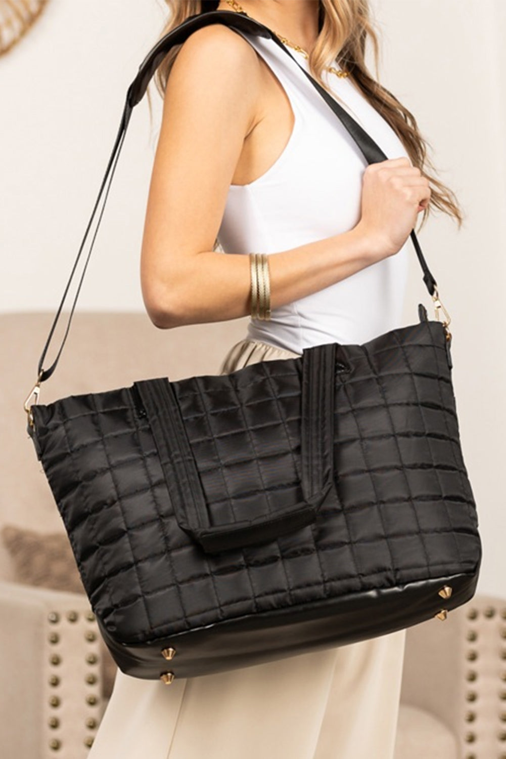 Black Quilted Patchwork Large Tote Bag and Clutch Set