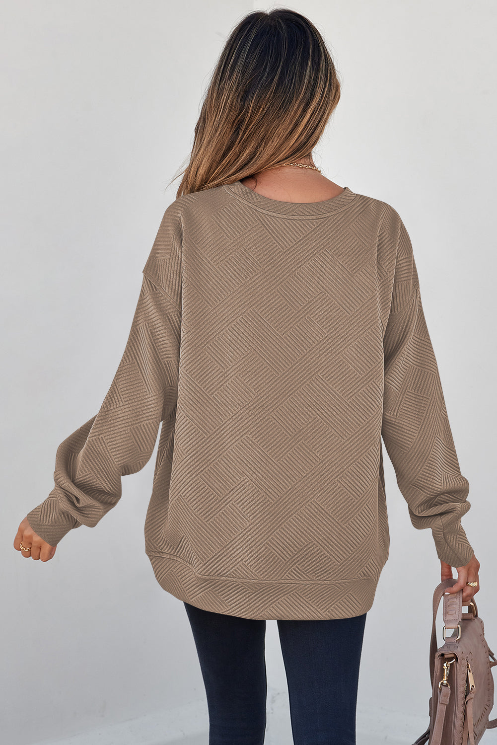 White Solid Color Textured Round Neck Sweatshirt