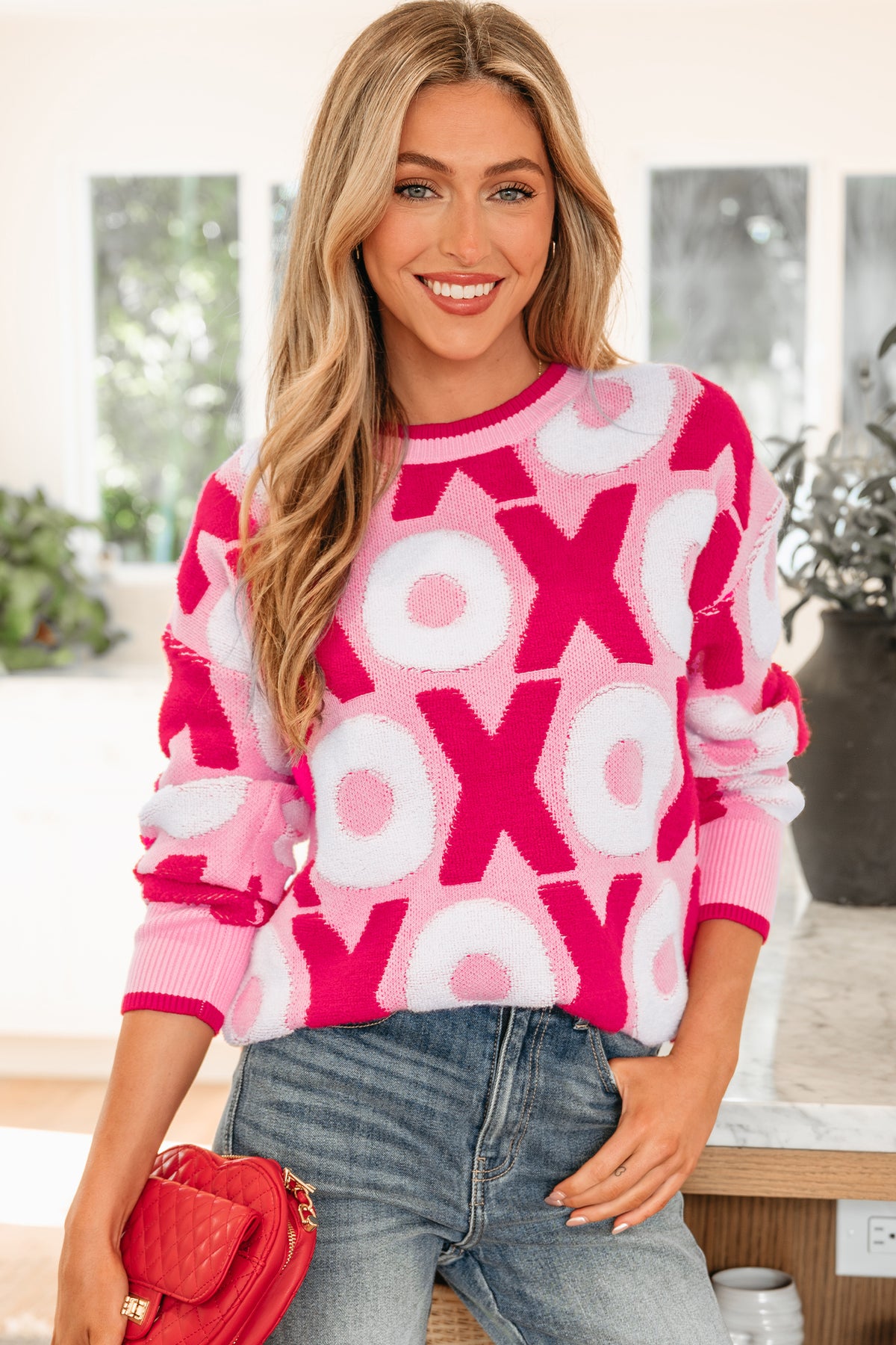 Pink XOXO Pattern Drop Shoulder Crewneck Valentines Sweater