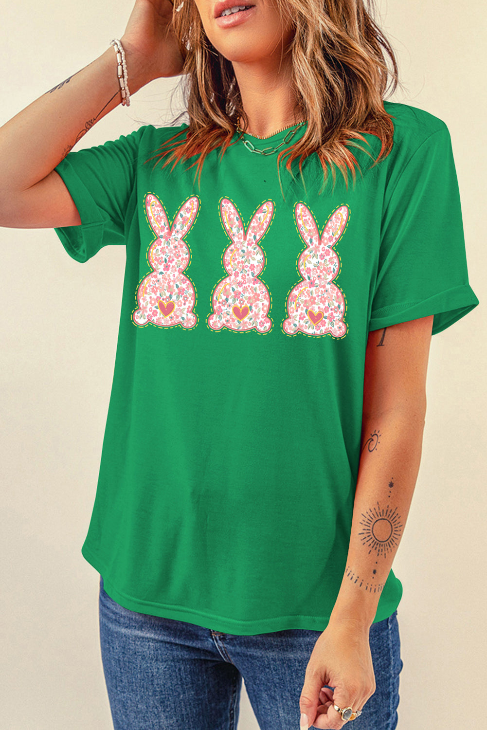 Bright Green Easter Floral Rabbit Print Crew Neck T-Shirt