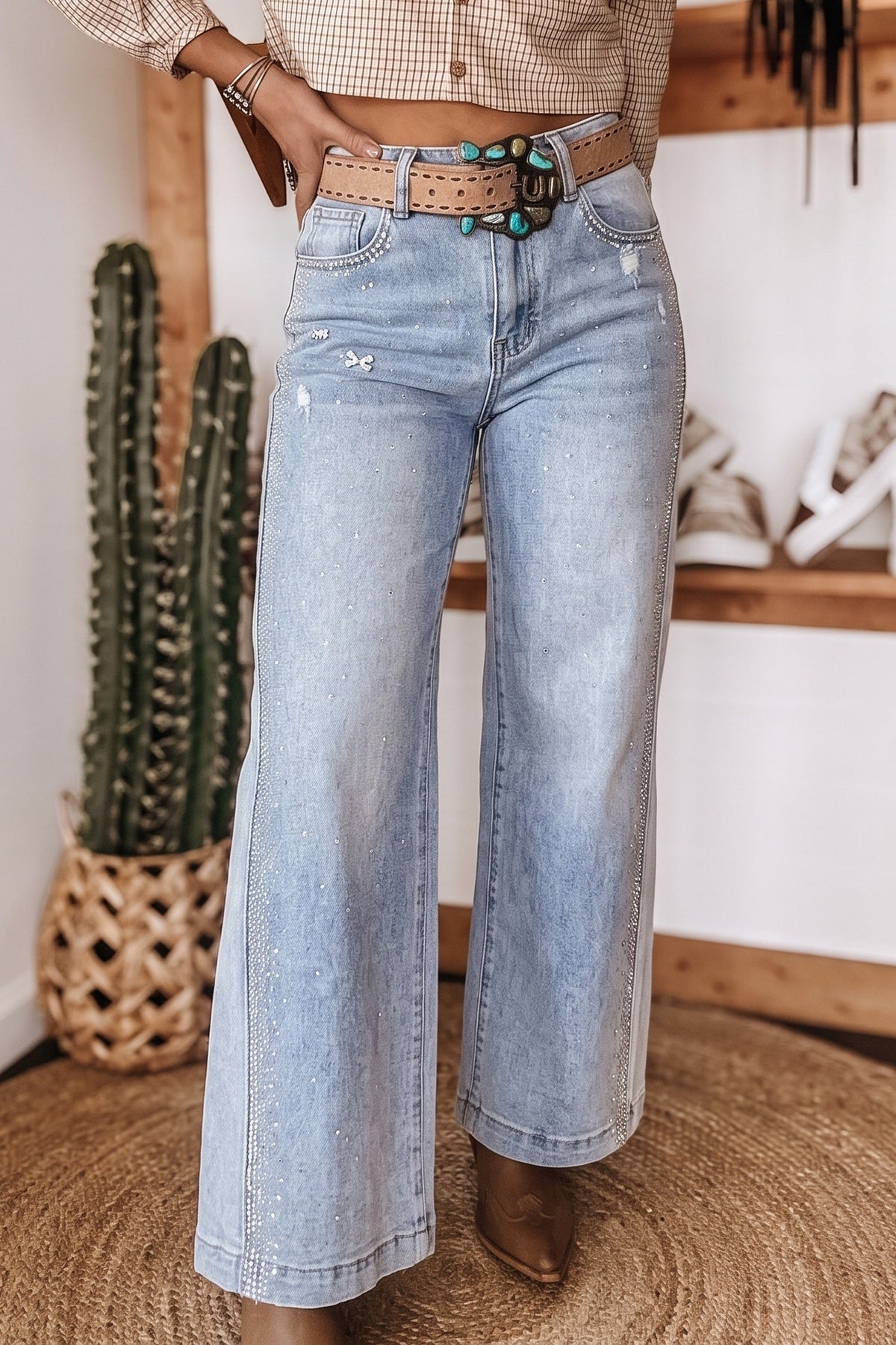 Beau Blue Rhinestone Embellished Western Ripped Jeans