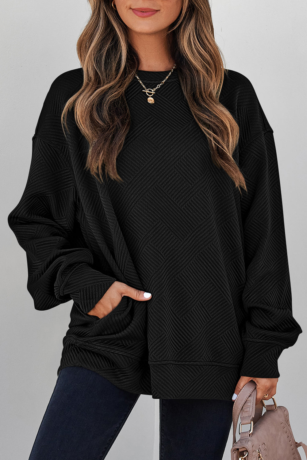 White Solid Color Textured Round Neck Sweatshirt