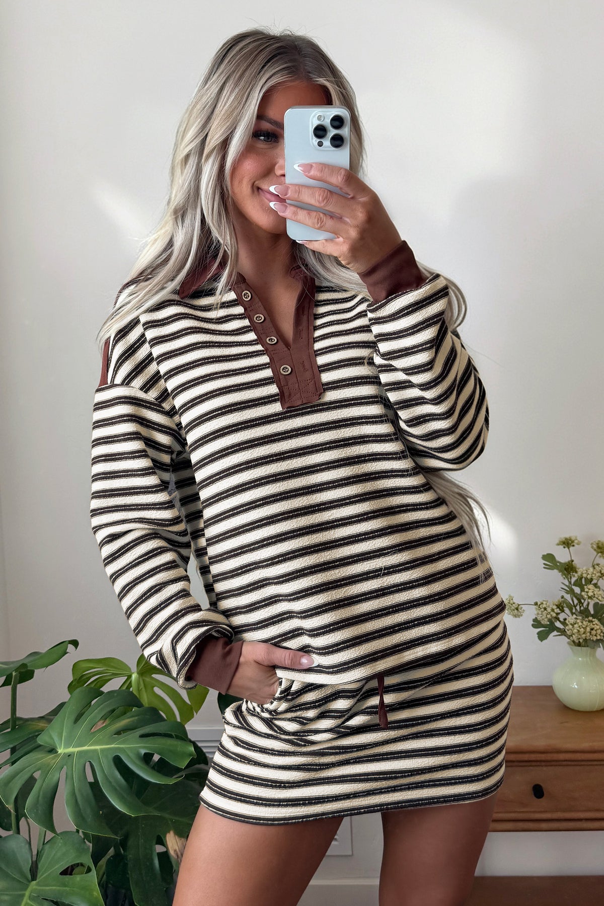 Women's Brown Stripe Contrast Trim Button Neck Long-Sleeve Top Drawstring Mini Skirt Set