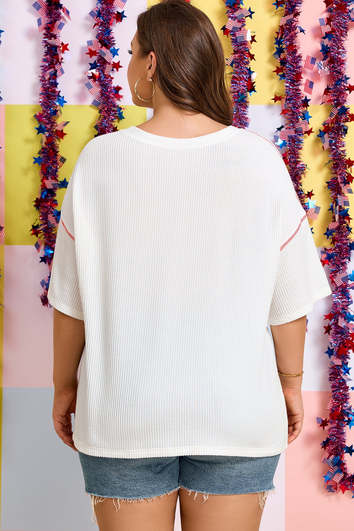 White Plus Size Twisted Rib Vintage USA Letter Printed T-Shirt