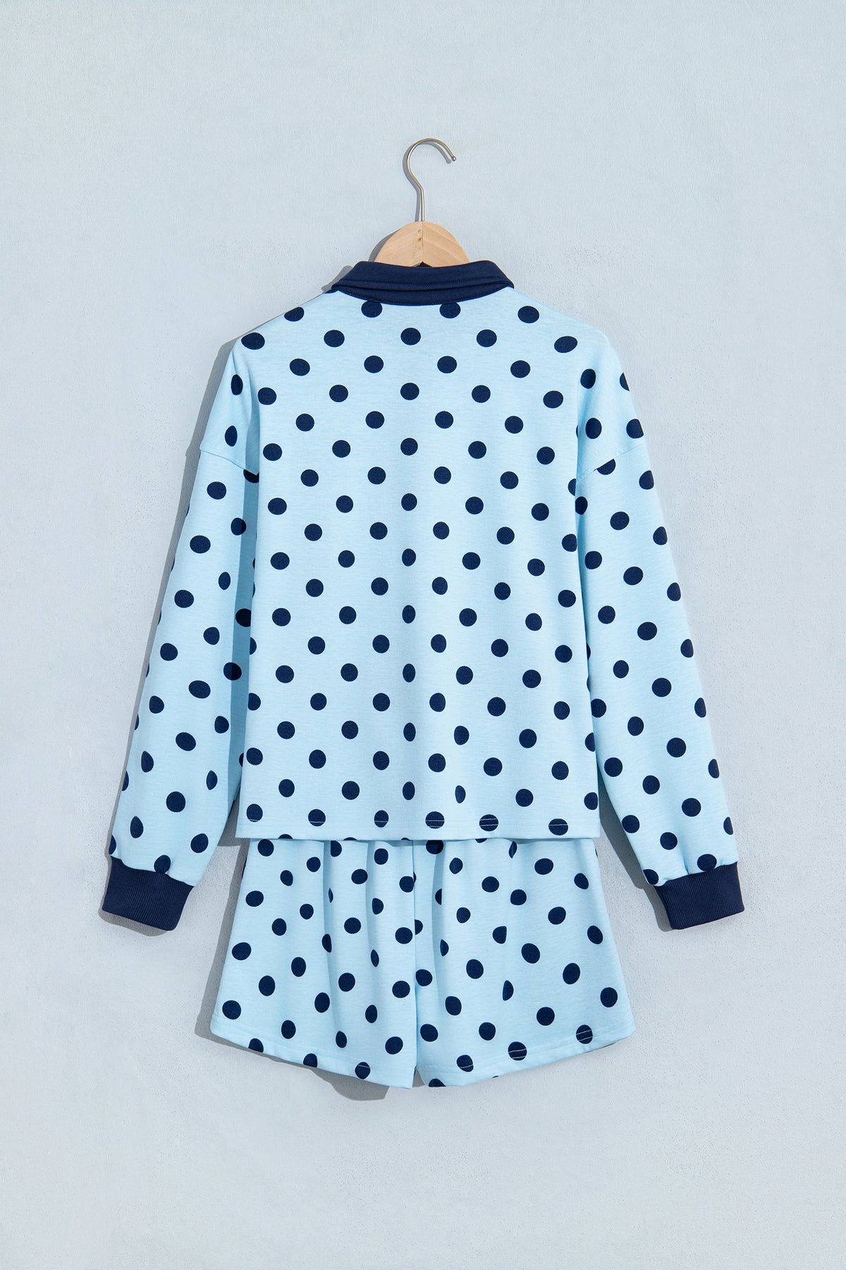 Women's Sky Blue Polka Dot Drop Shoulder Polo Loose Pullover Patch Pocket Casual Shorts Set