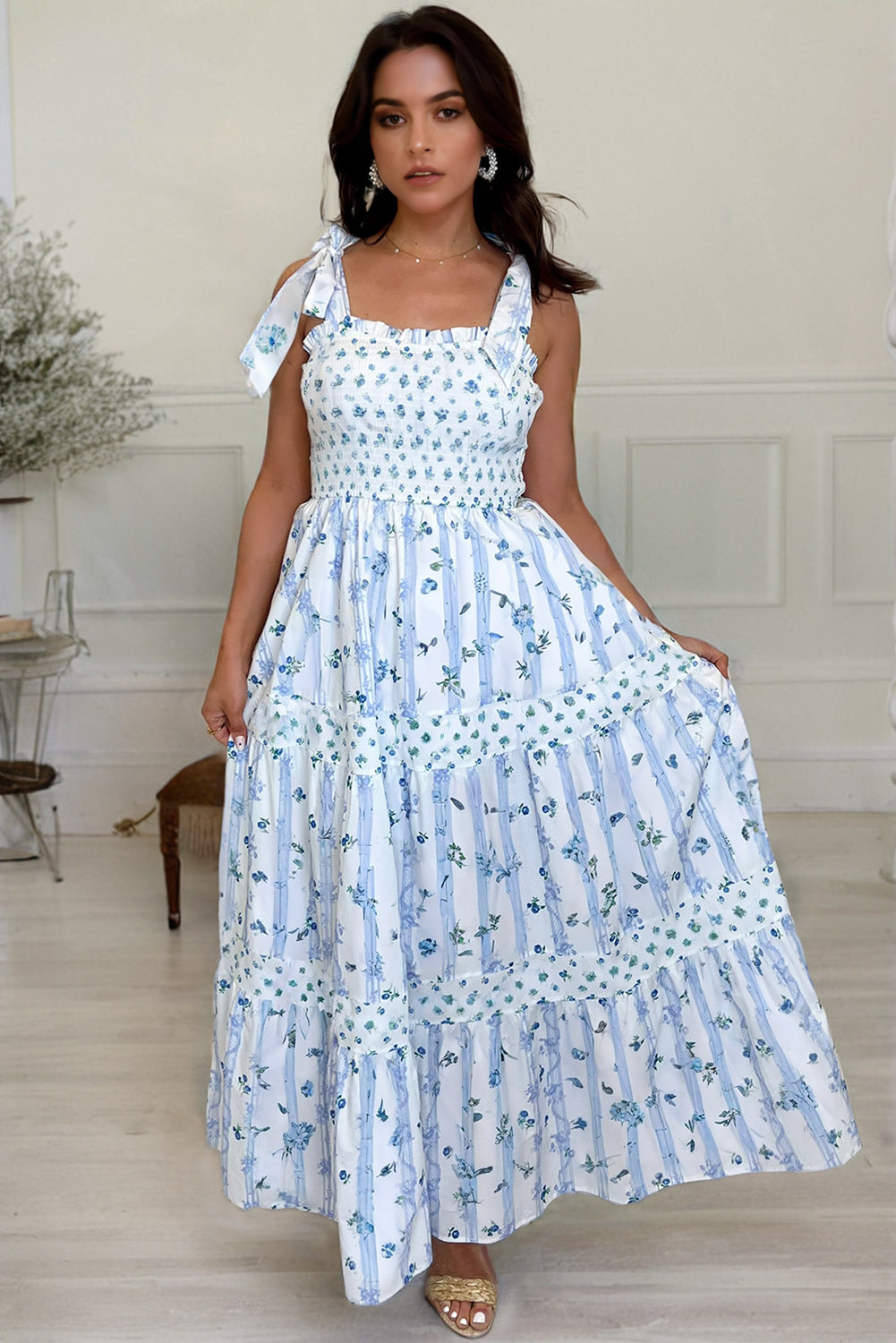 Sky Blue Floral Smocked Tied Straps a Lined Tiered Maxi Dress