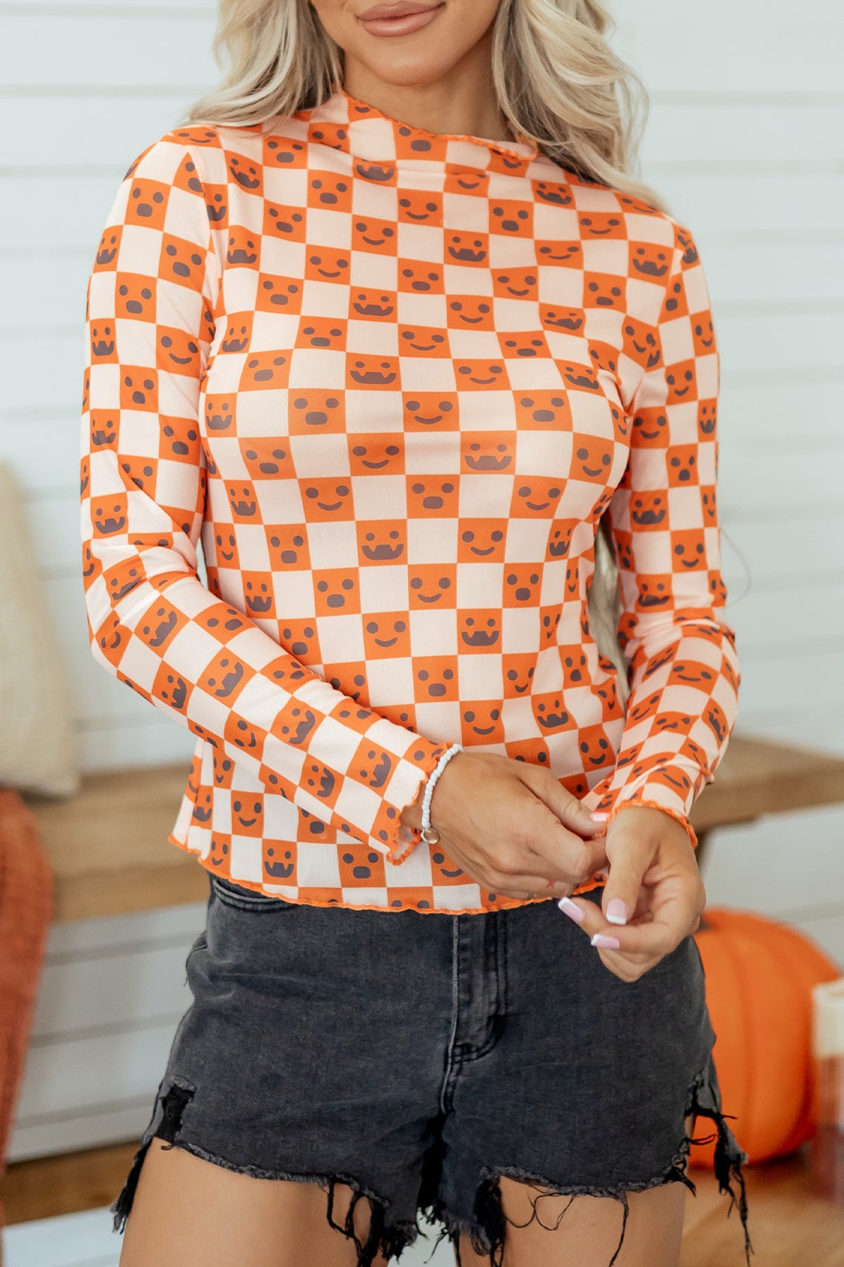 Orange Abstract Halloween Pattern Stand Neck Shift Blouse