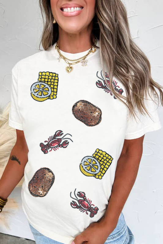 White Sequin Crawfish Potato Lemon Corn Graphic Crewneck T-Shirt