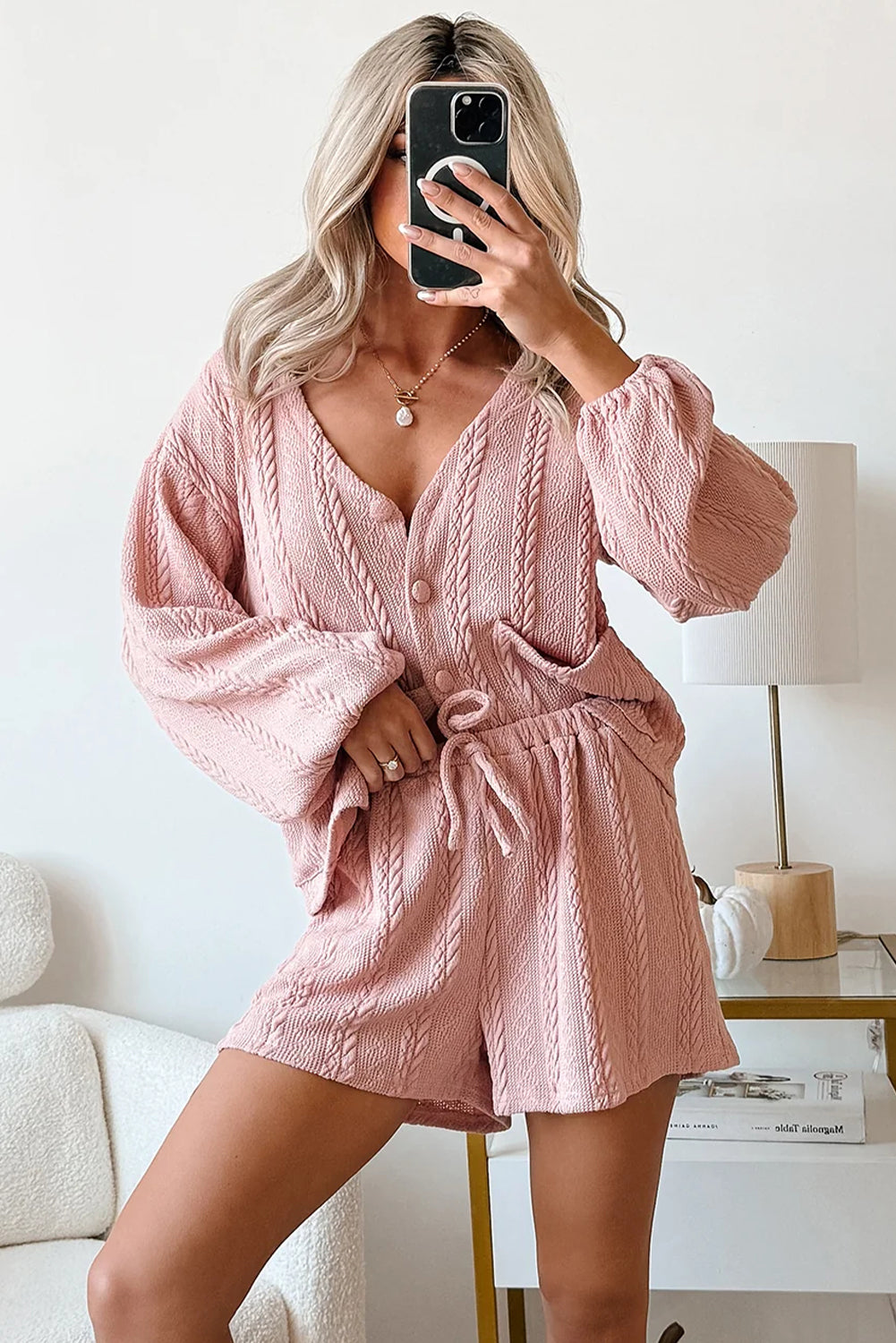 Women's Gossamer Pink Cable Knit V-Neck Cardigan Shorts Set