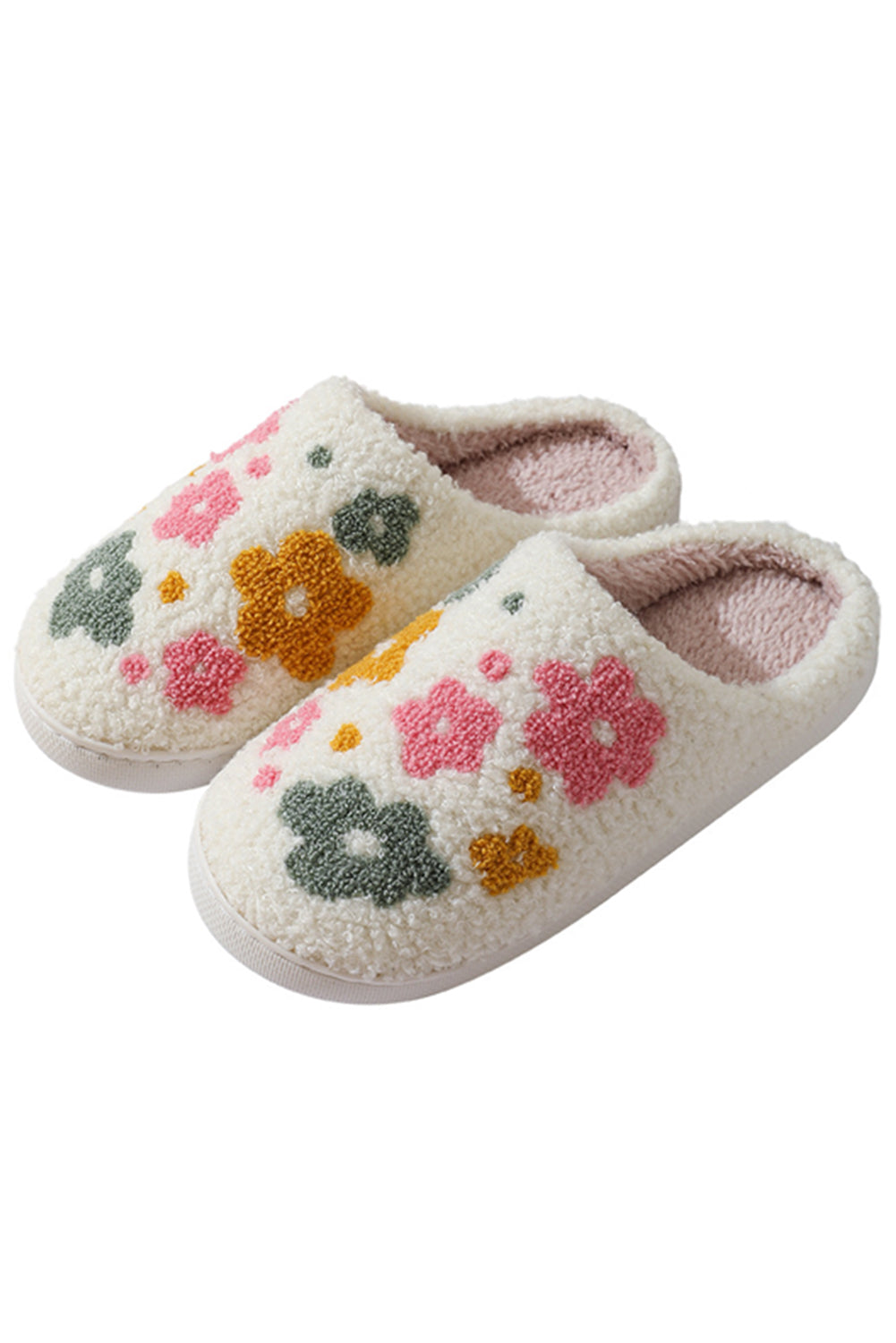 White Flower Pattern Slip-On Plush Home Slippers