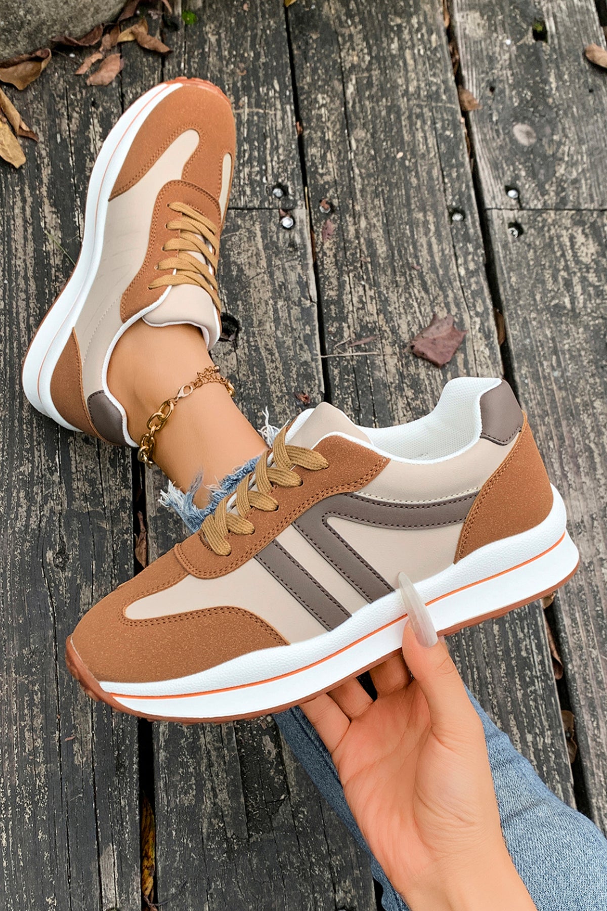 Brown Varsity Color Block Patchwork Lace-up PU Leather Sneakers