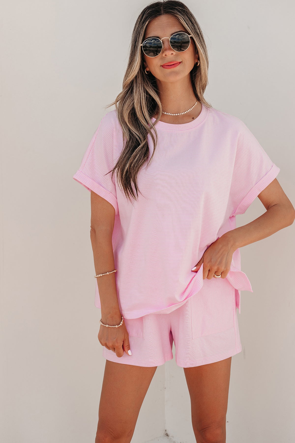 Women's Pink Stripe Matching Oversized Tee and Shorts Set