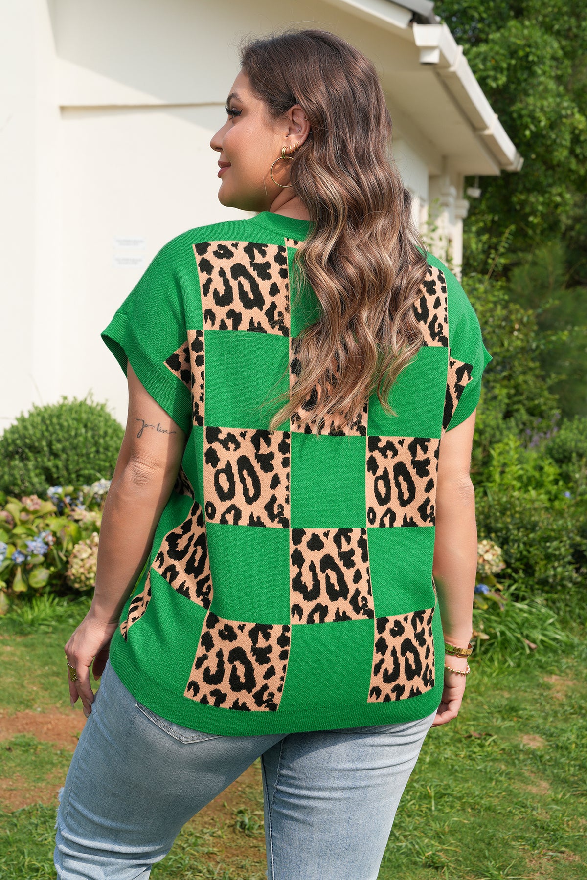 Red Plus Size Leopard Contrasted Checkered Short-Sleeve Sweater