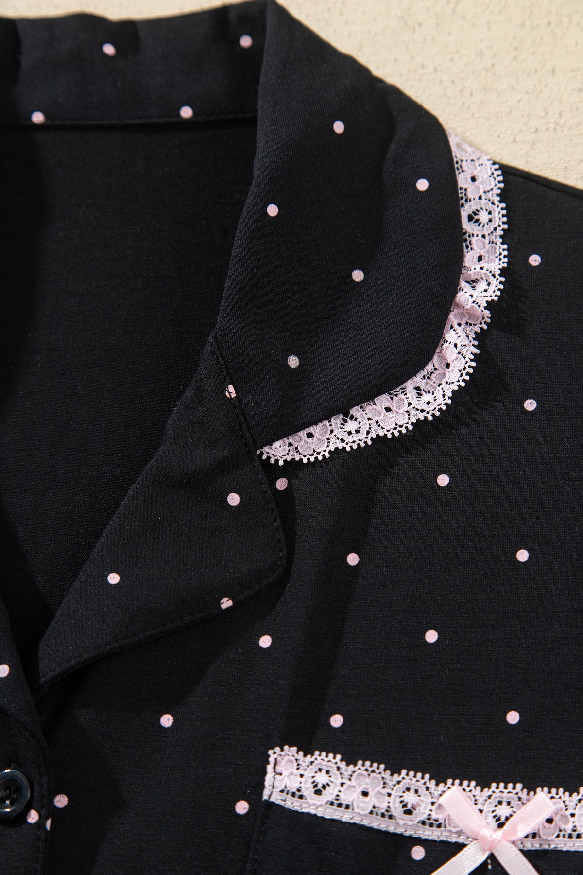 Black Polka Dot Long Sleeve Shirt Lace Detail Pajama Pants Set