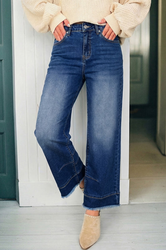 Sky Blue Chic Seam Raw Hem Ankle Length Jeans