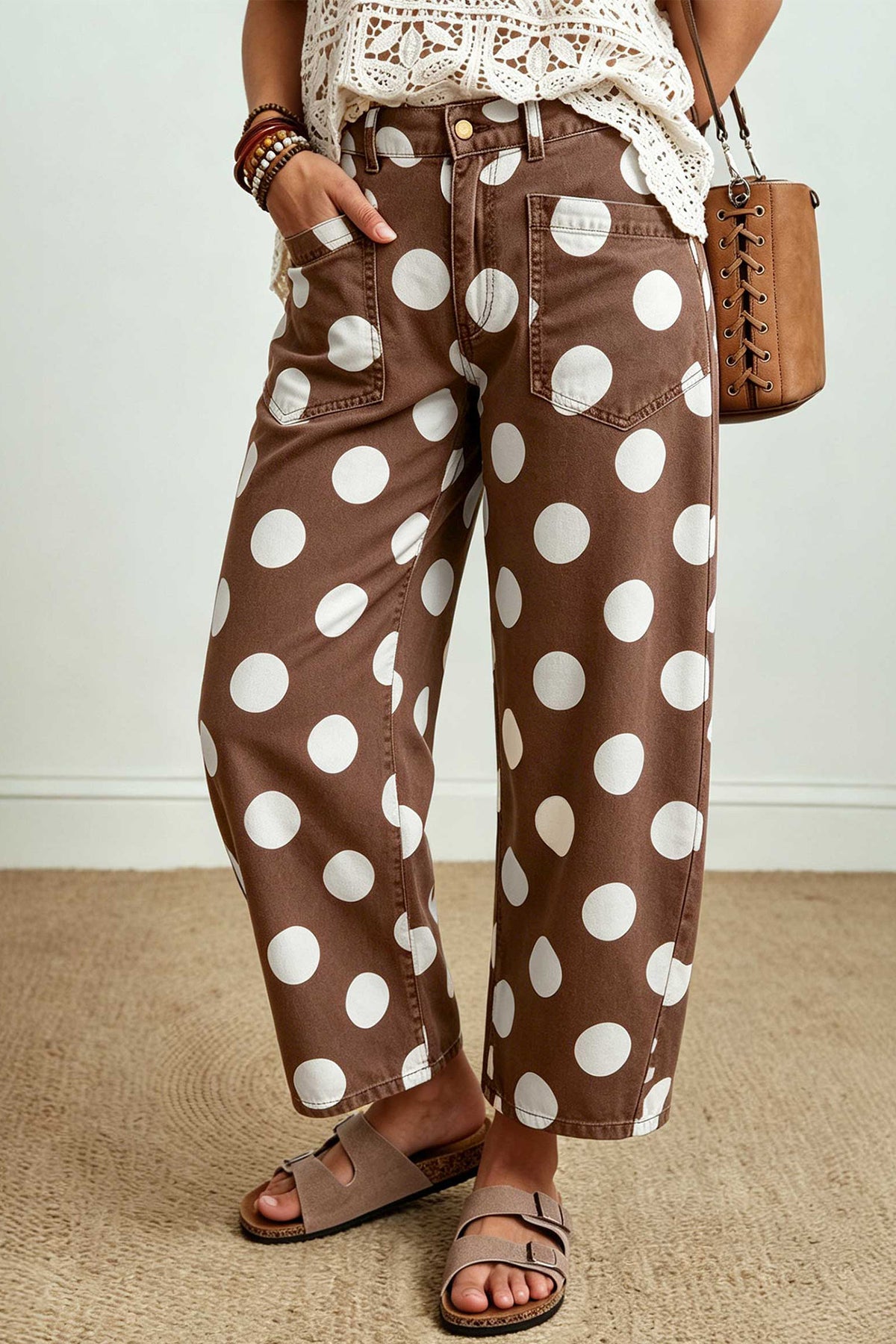 White Polka Dot Ankle Length Barrel Jeans