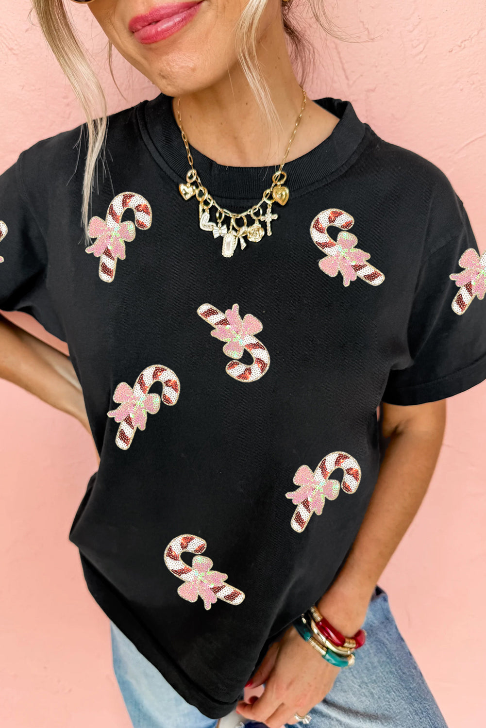 Black Sequined Candy Cane Patched Pattern Holiday T-Shirt