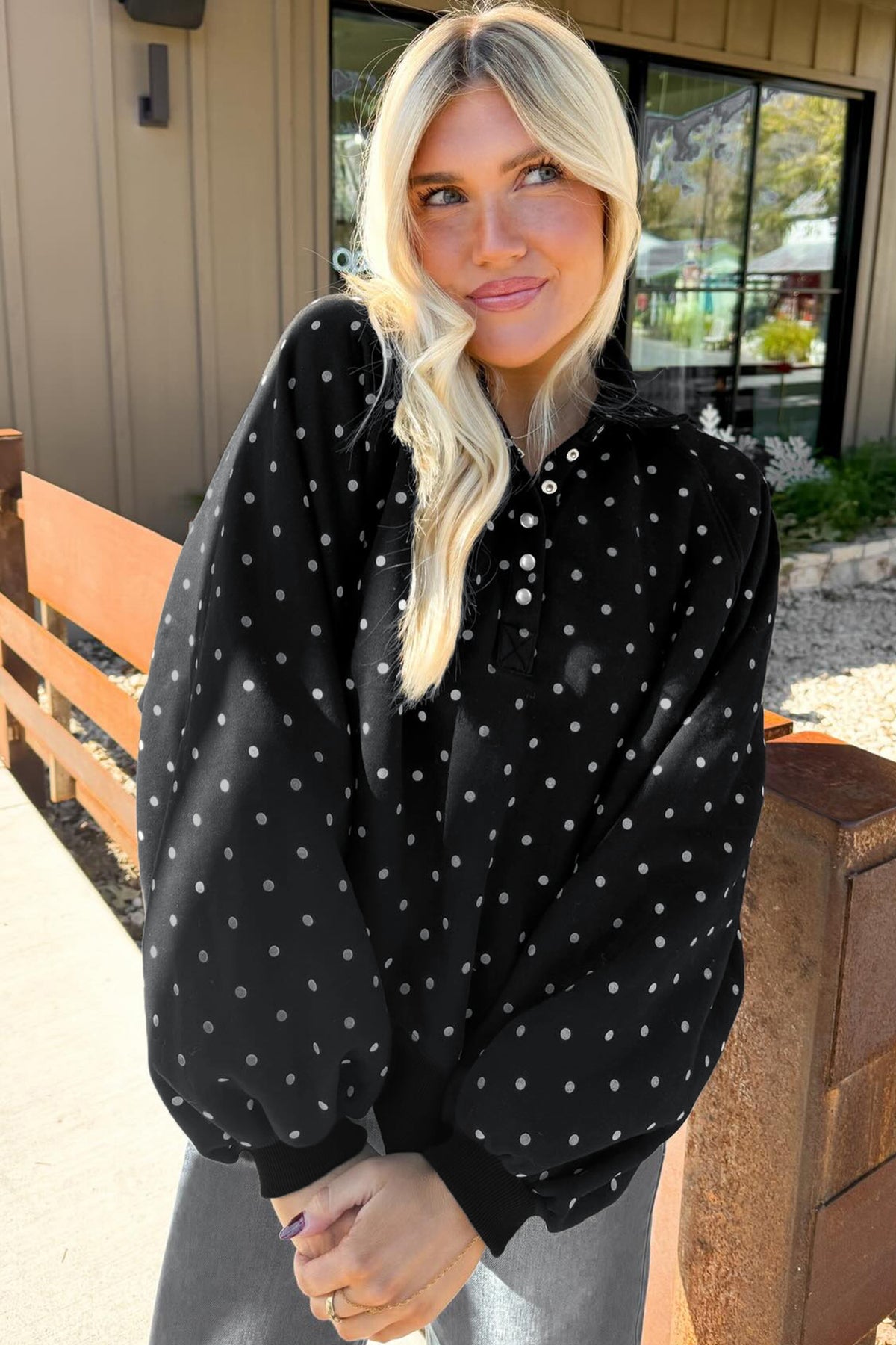 Black Polka Dot Print Metal Button Collar Sweatshirt