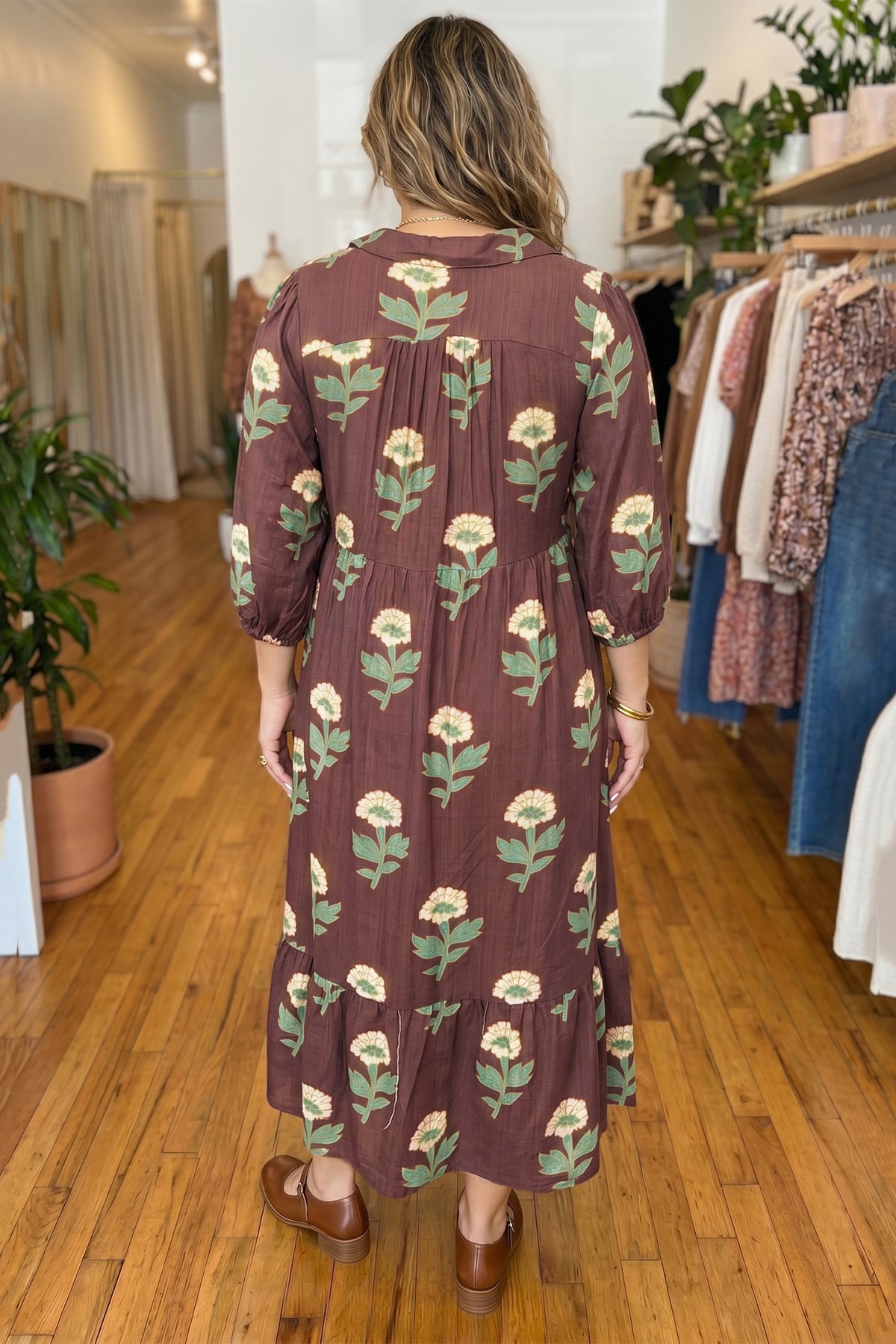 Brown Floral Print V-Neck Long-Sleeve Loose Shift Plus Size Dress