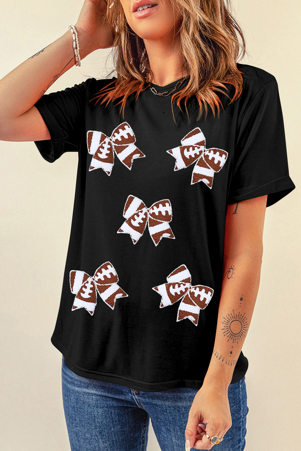 Black Rugby Football Bowknot Pattern Game Day T-Shirt