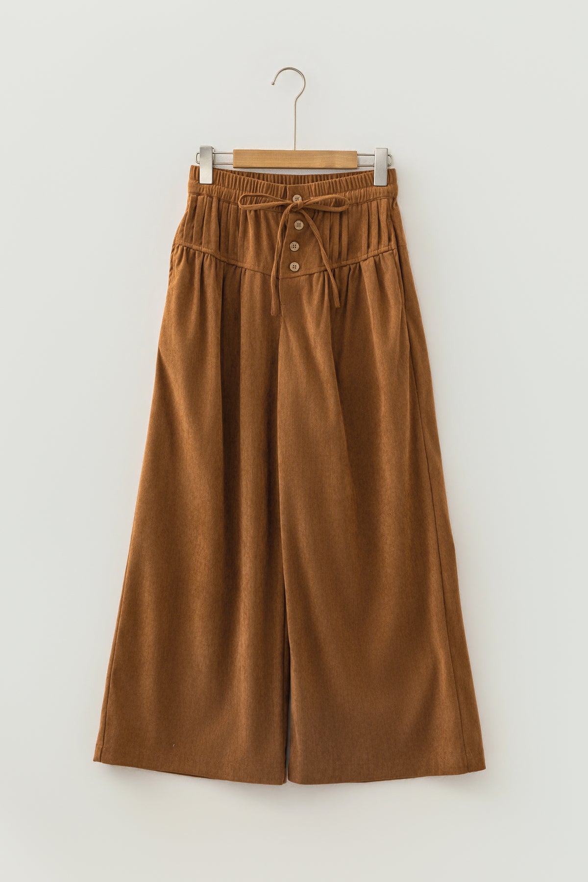 Thai Curry Elastic Waist Wooden Button Placket Ankle Length Wide Pants