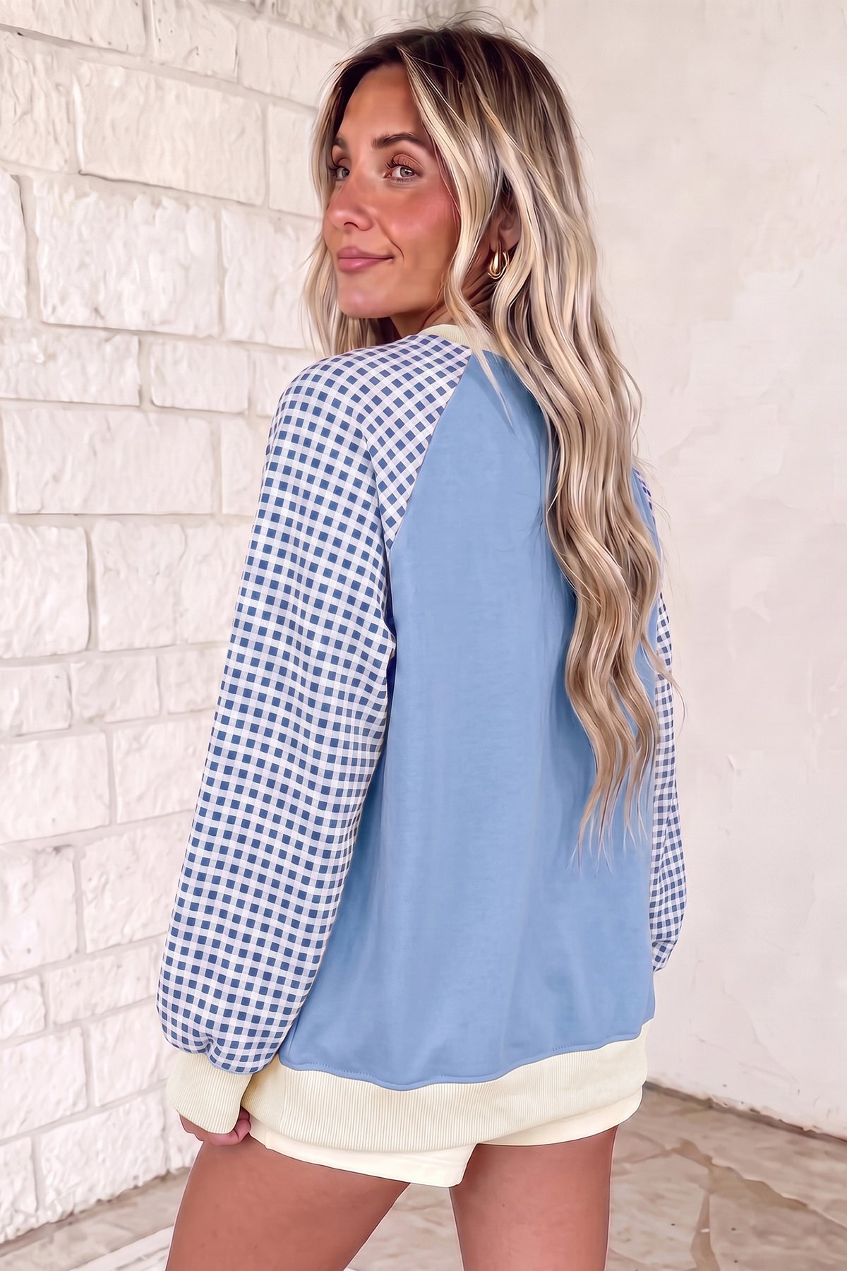 Beige Plaid Sleeve Colorblock Raglan Sweatshirt
