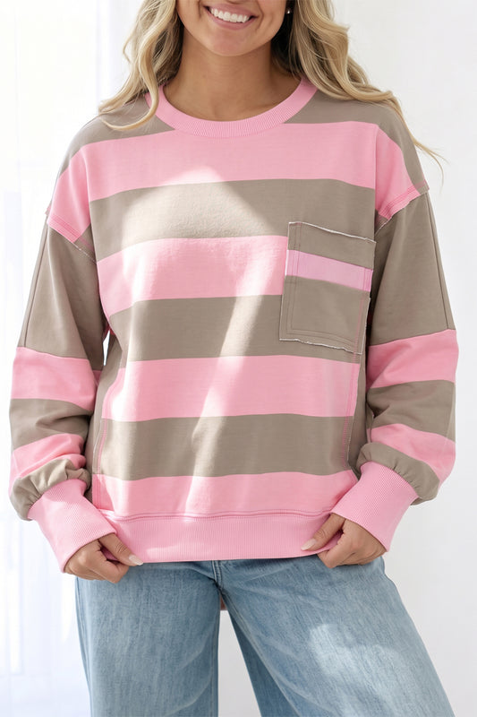 Pink Stripe Raw Seam Patchwork Plus Size Sweatshirt