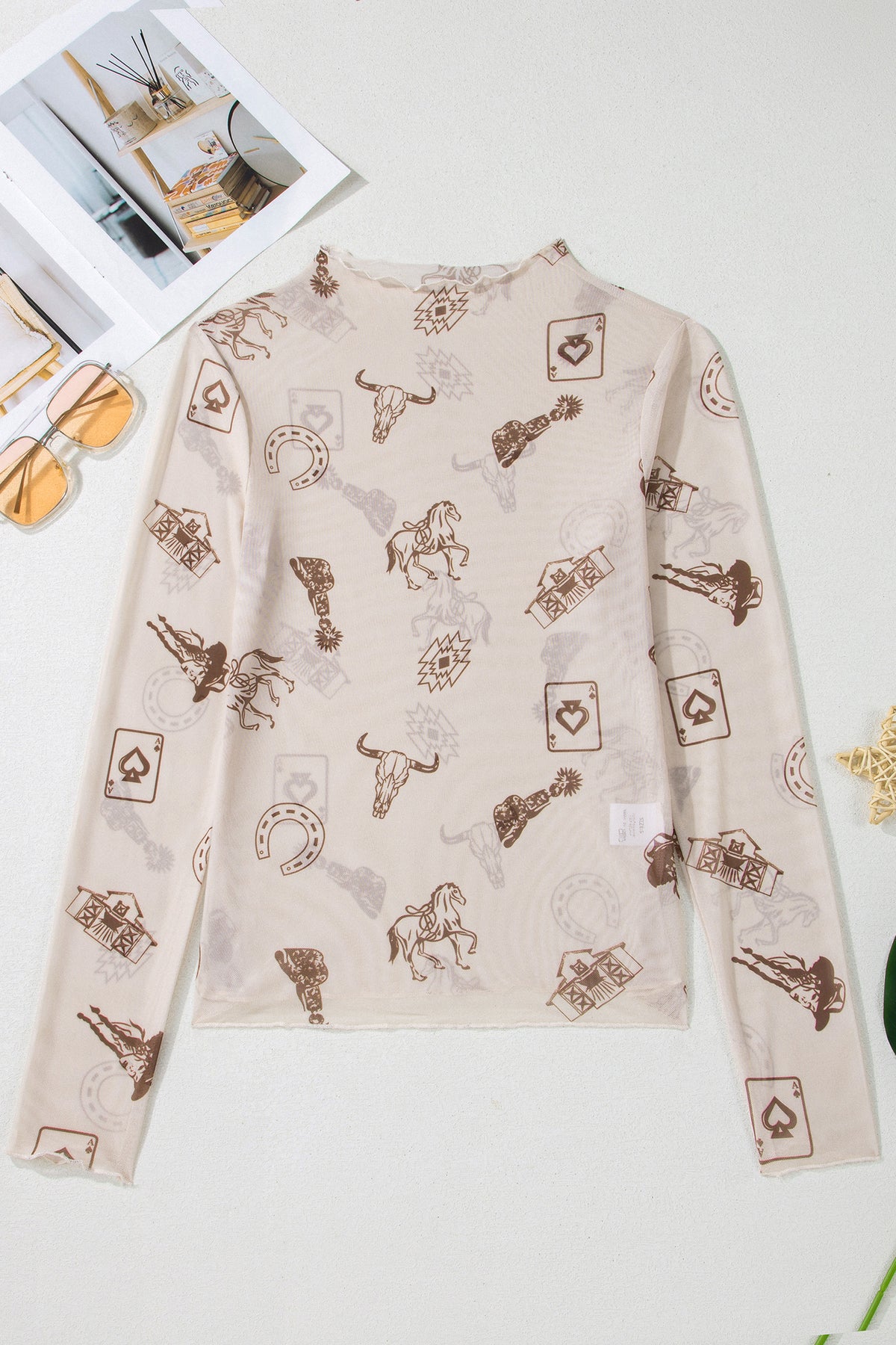 Apricot Floral Print Mesh Long Sleeve Mock Neck Top