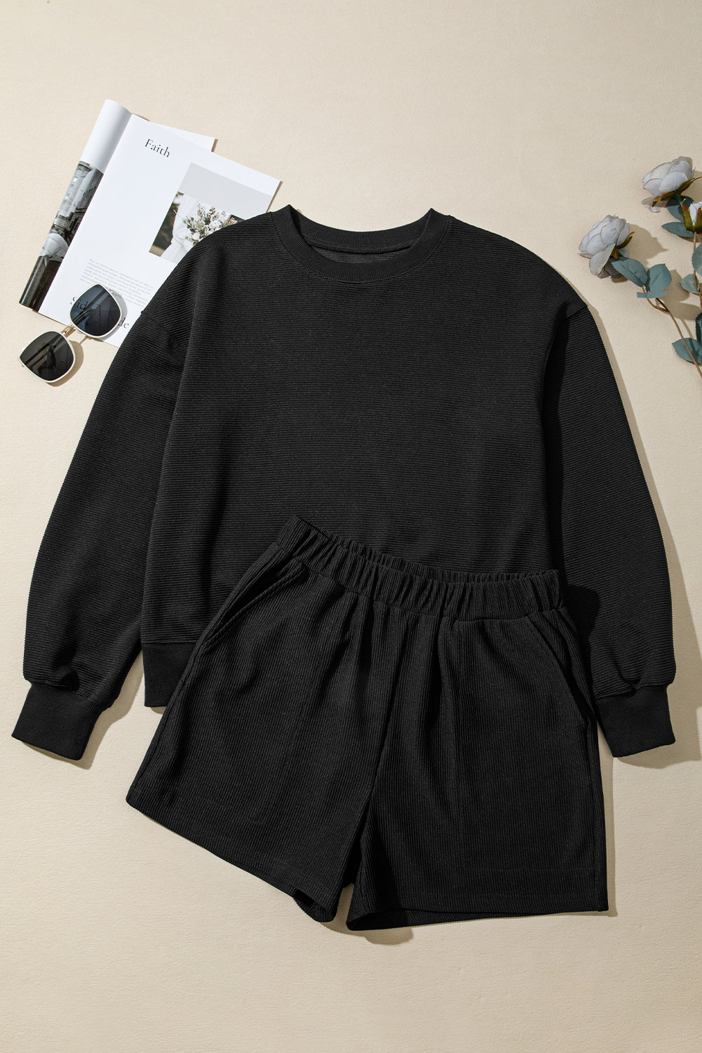 Women's Black Ribbed Texture Baggy Drop Shoulder Pullover and Shorts Set
