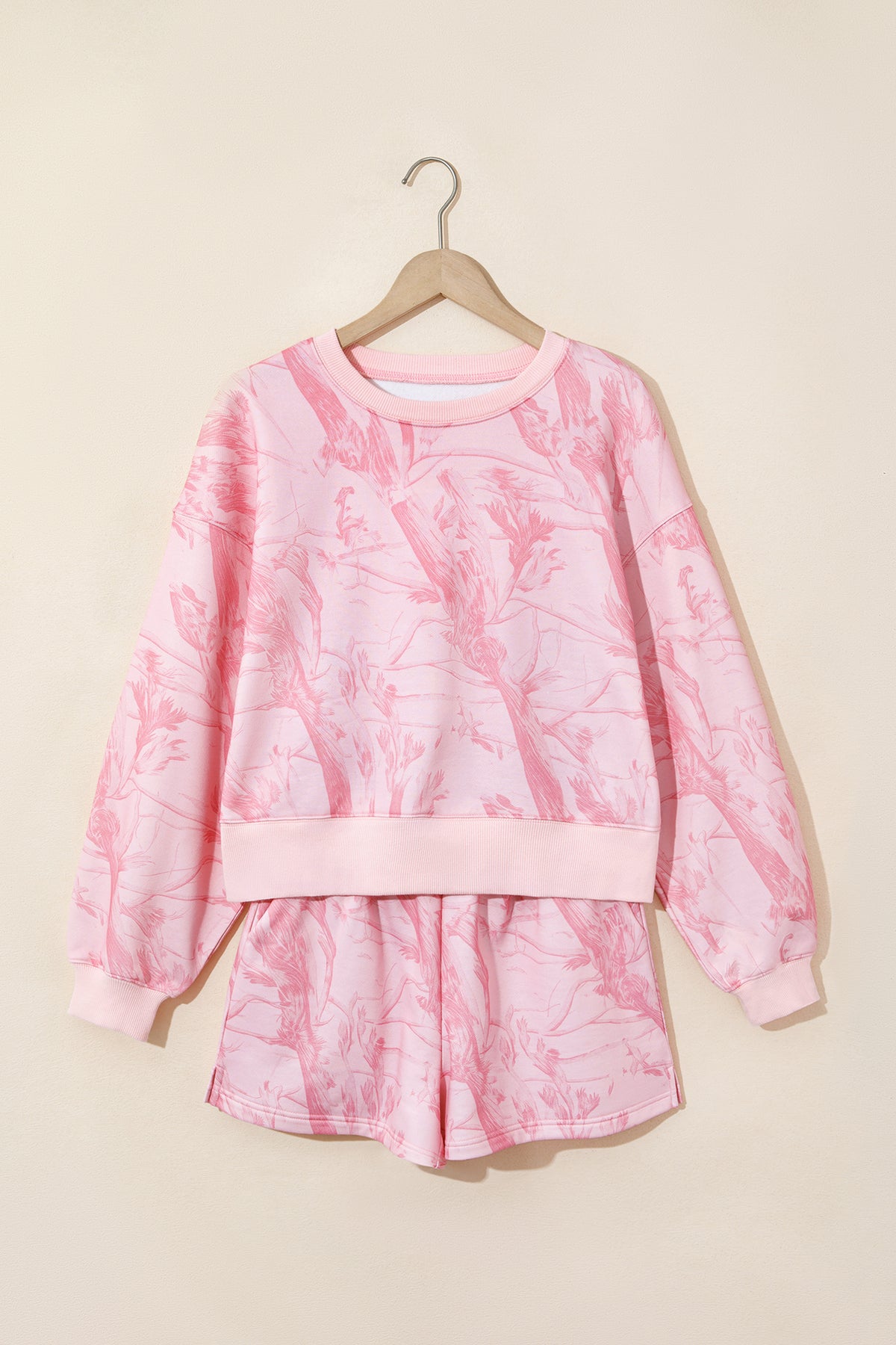 Women's Pink Abstract Print Ribbed Crewneck Long-Sleeve Top Elastic Waist Shorts Set