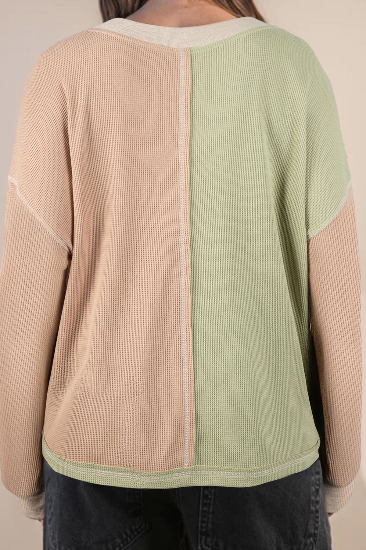 Green Plus Mixed Texture Color-Block Patchwork V-Neck Long-Sleeve Top