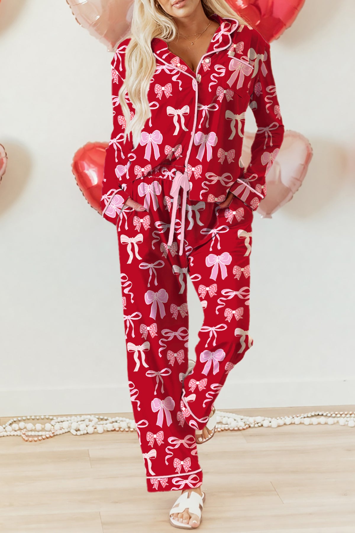 Red Sweet Bow Print Shirt Style Top Long Pajama Set