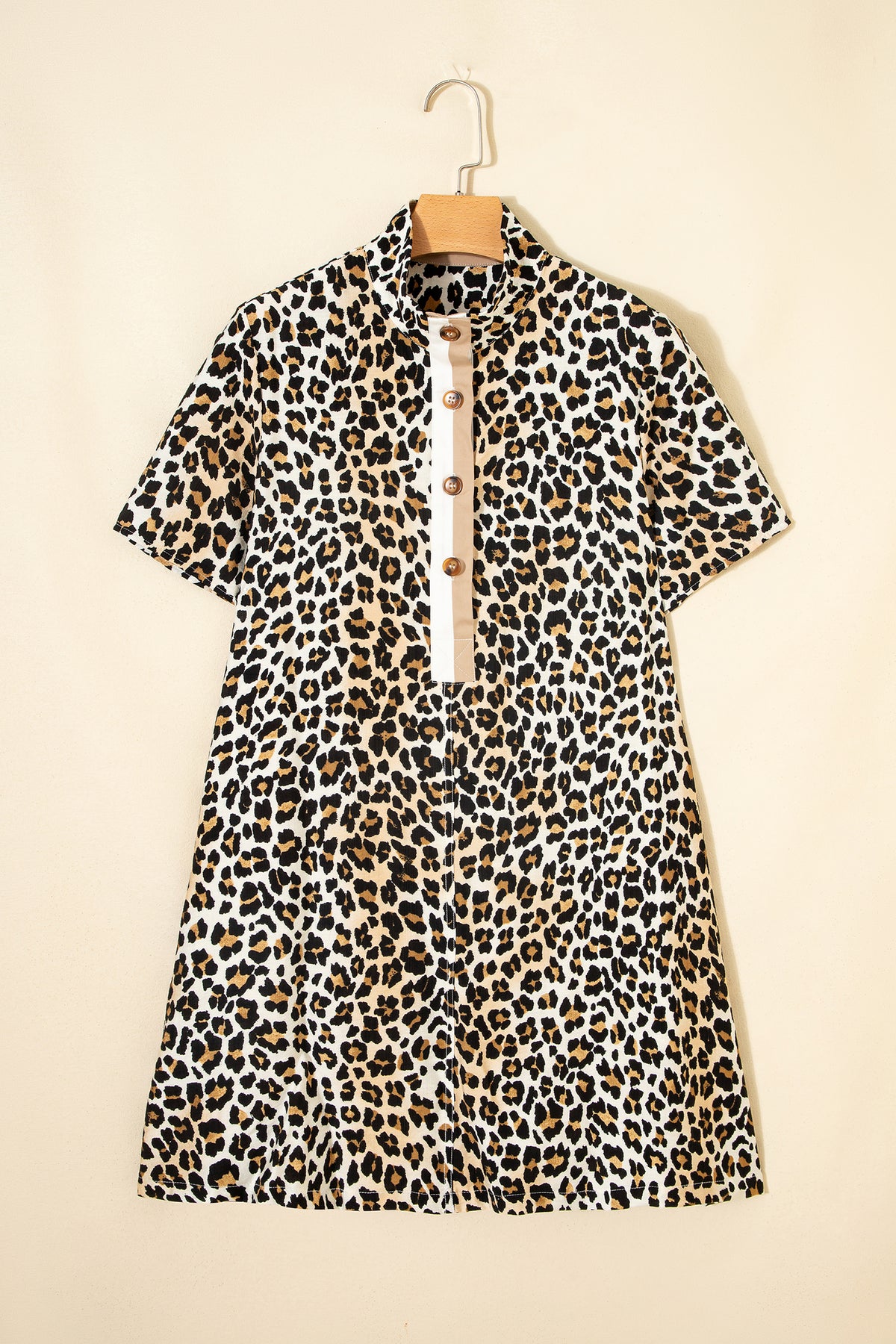 Multicolour Half Buttons Short Sleeve Leopard Mini Dress with Pockets