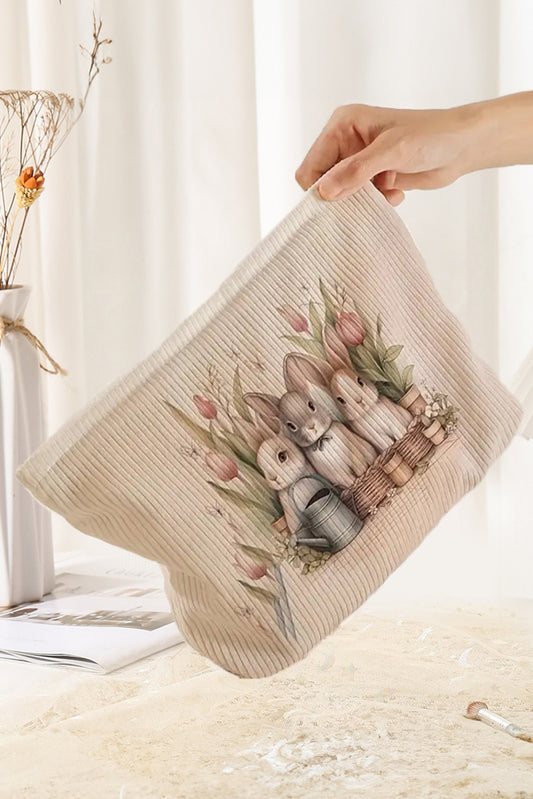White Easter Bunny Print Corduroy Zipper Cosmetic Bag