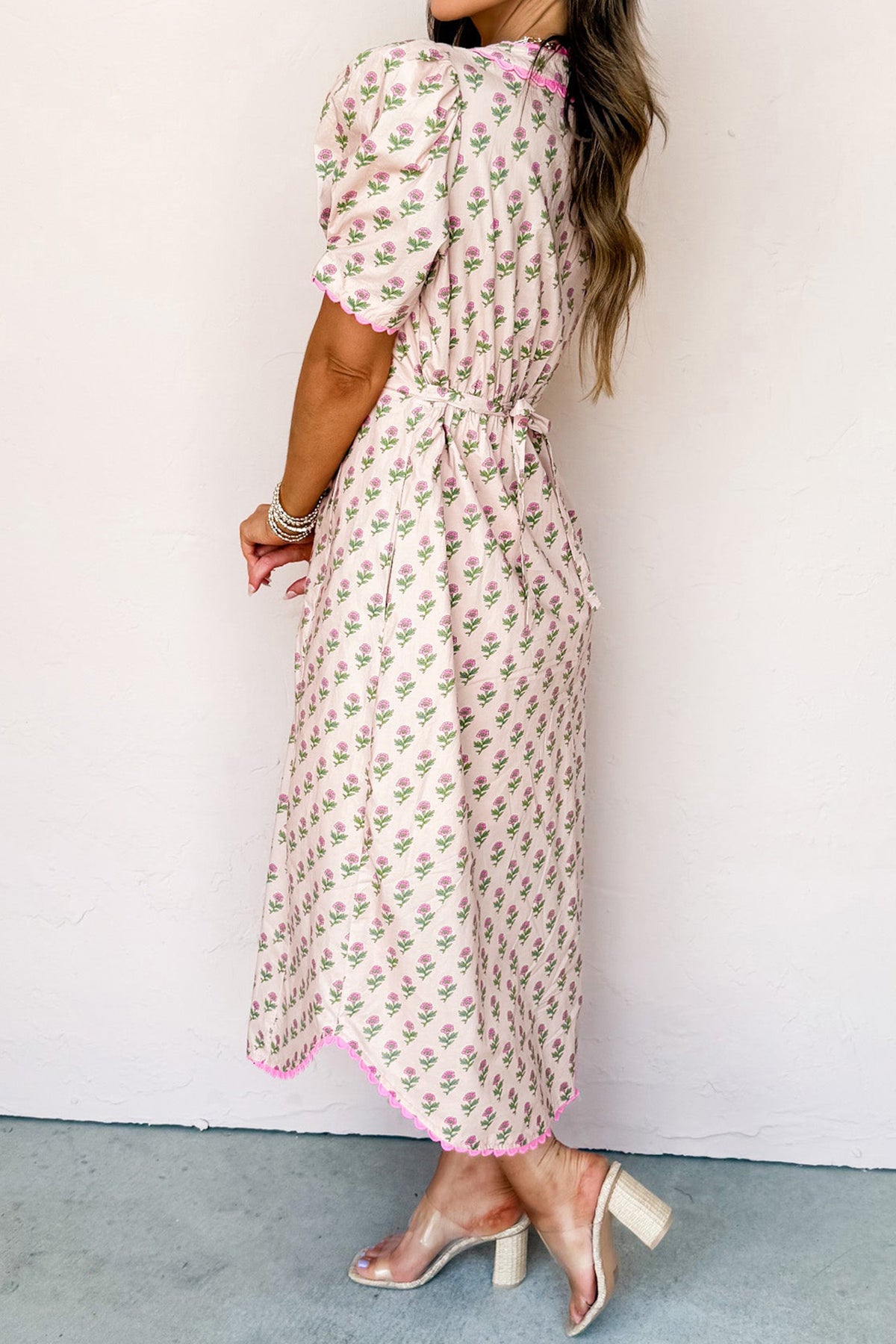 Pink Floral Print V Neck Scallop Trim Short Sleeve Long Dress