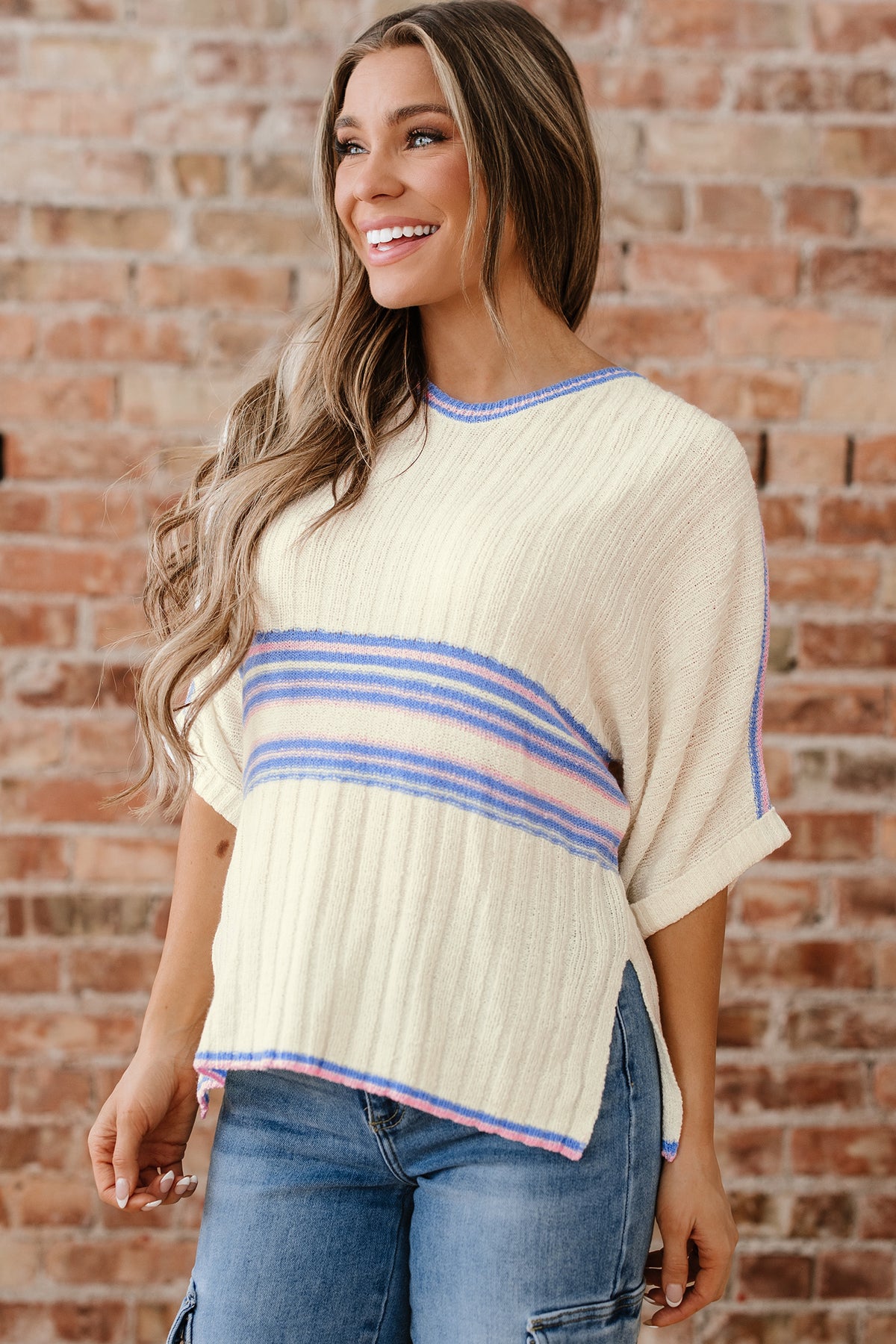 White Striped V Neck Dolman Sleeve Rib Knit Oversized Sweater with Slits