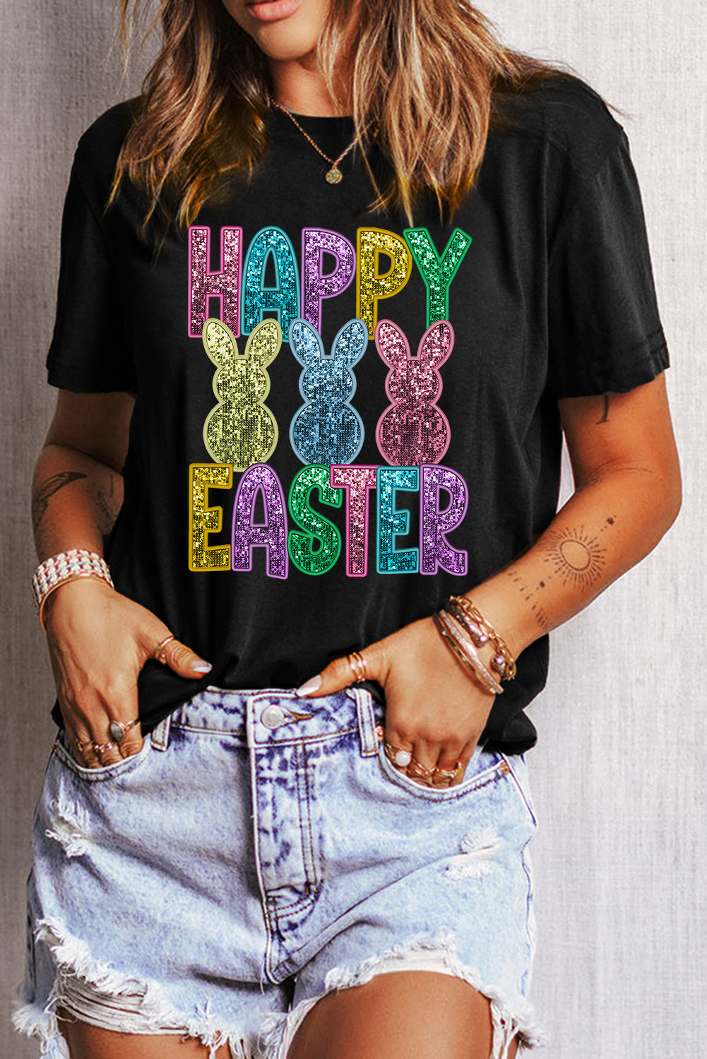 Black Glittering Bunny HAPPY EASTER Graphic T-Shirt