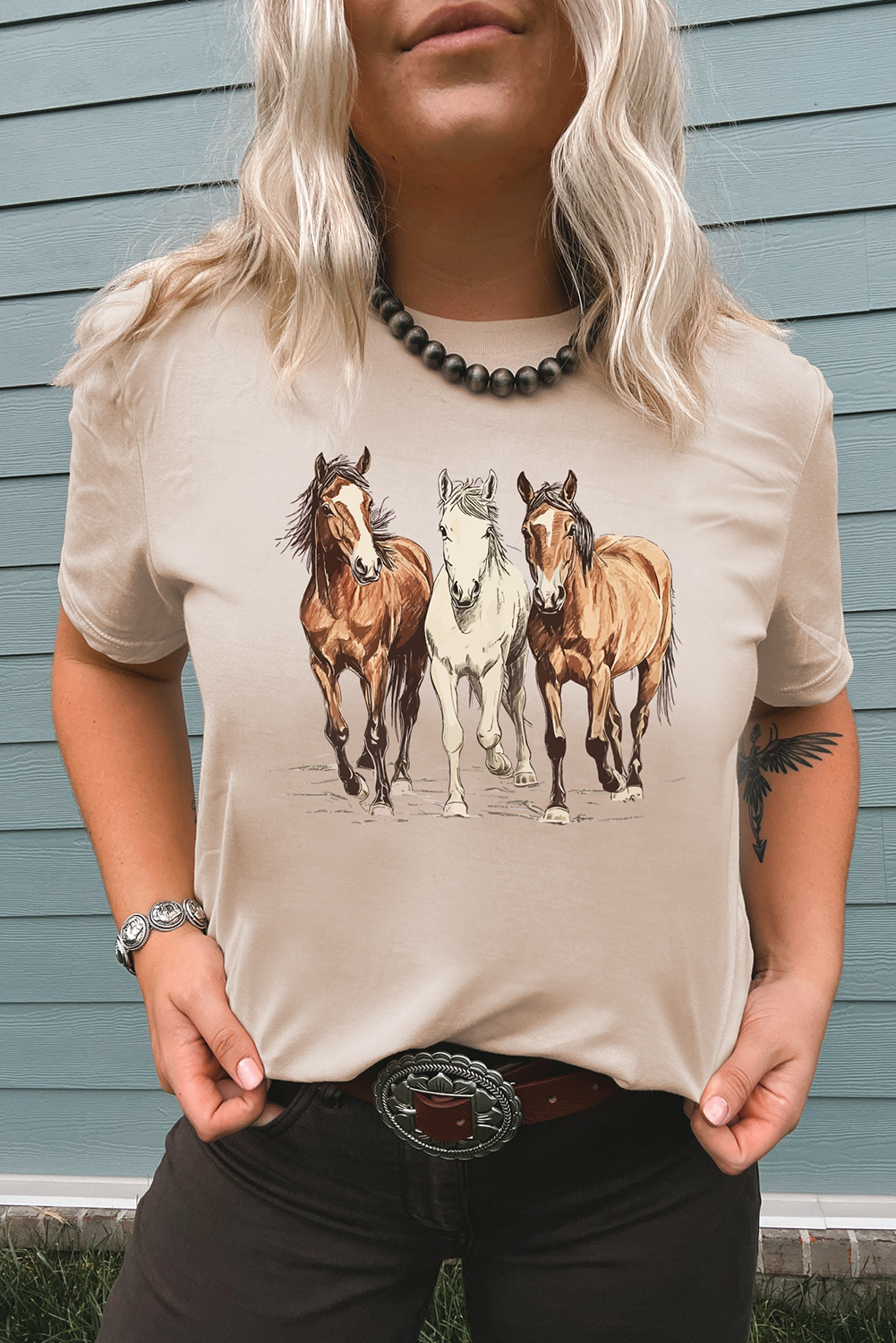 Khaki Gallant Horses Printed Casual T-Shirt