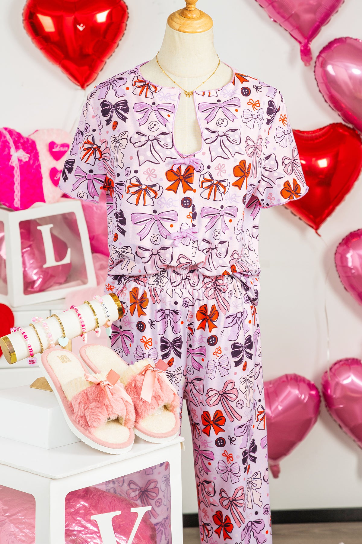Pink Bows and Buttons Print Short Sleeve Shirt and Pants Pajama Set