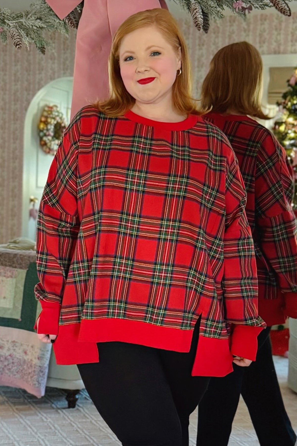 Red Plus Size Festive Plaid Split Tunic Sweatshirt