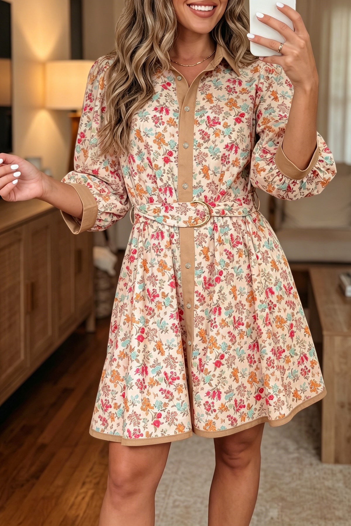 Orange Floral Print Color Block 3/4 Sleeve Belted Mini Dress