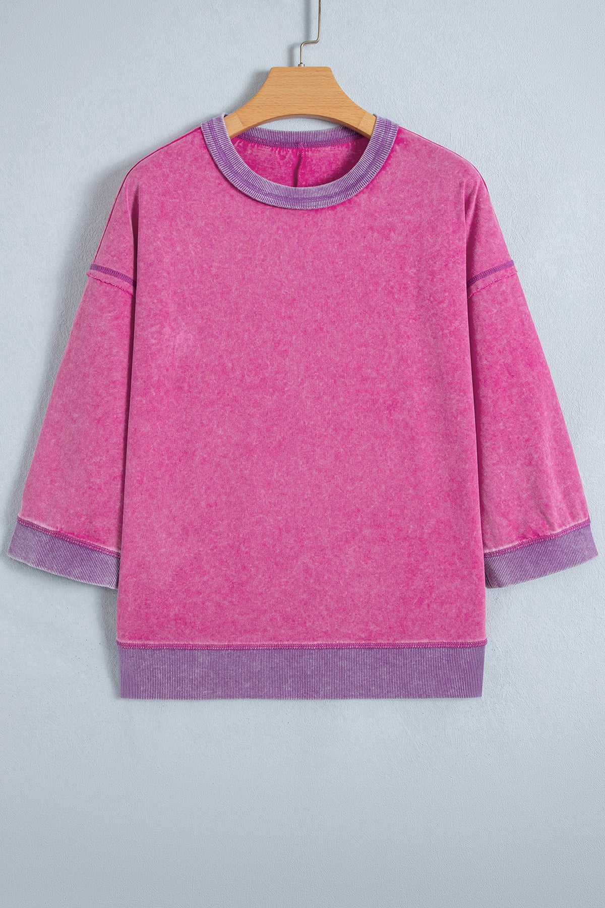 Strawberry Pink Mineral Wash Color Block Trim Top