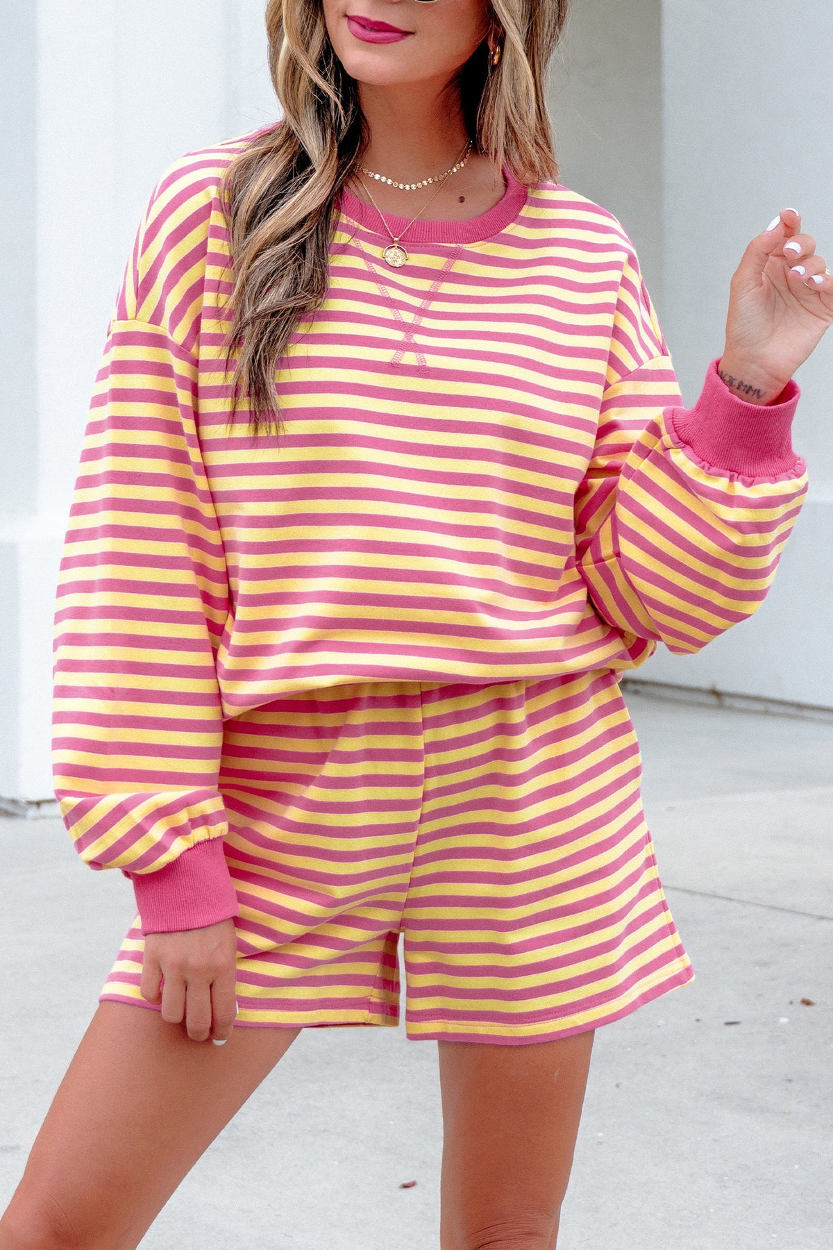 Women's Yellow Stripe Color Block Trim Round Neck Long-Sleeve Top Casual Shorts Two-Piece Set