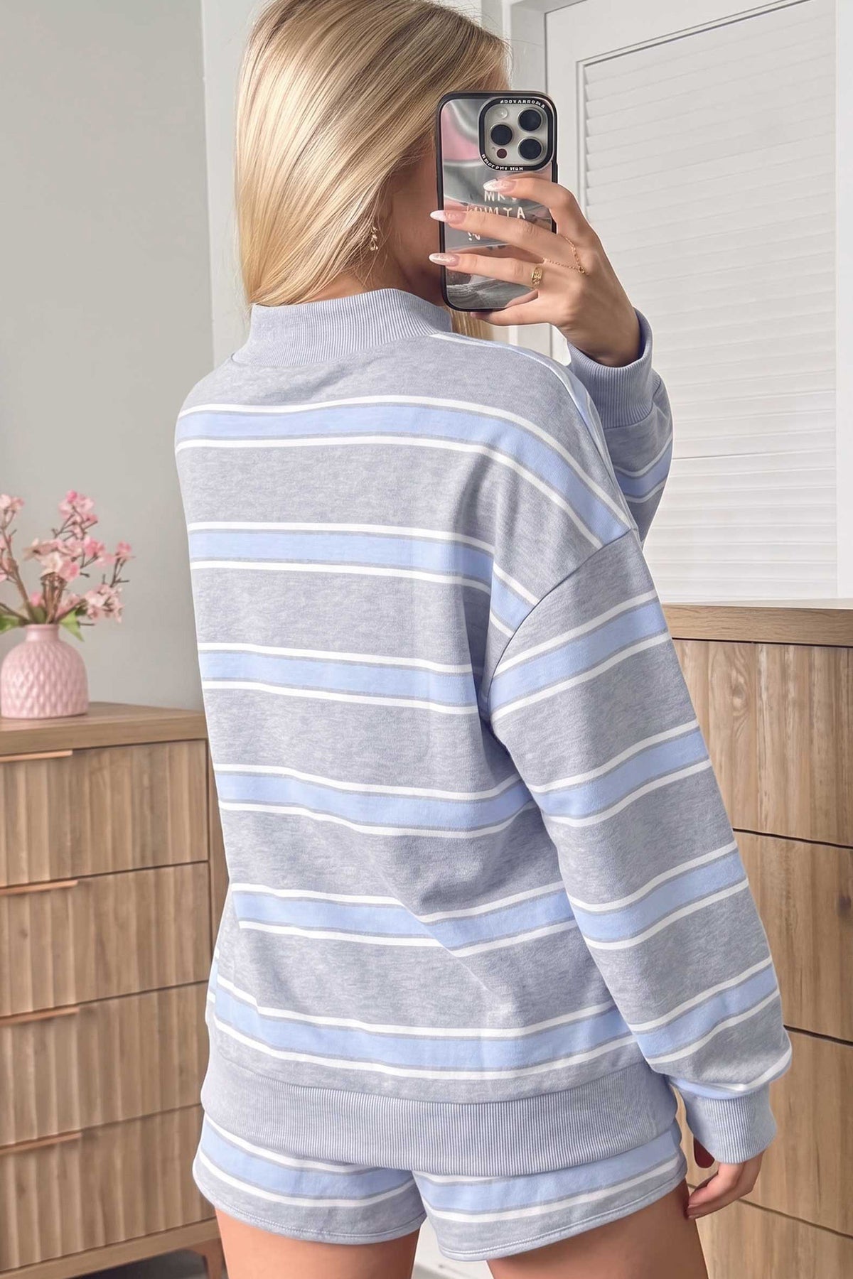 Sky Blue Stripe Exposed Seam High Neck Top and Shorts Set