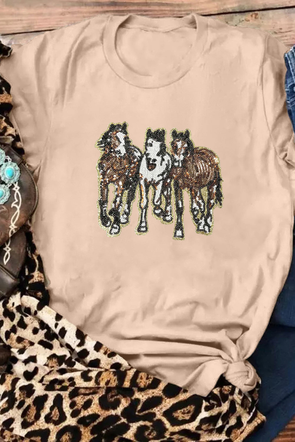 Khaki Sequin Horses Patched Casual Crewneck T-Shirt