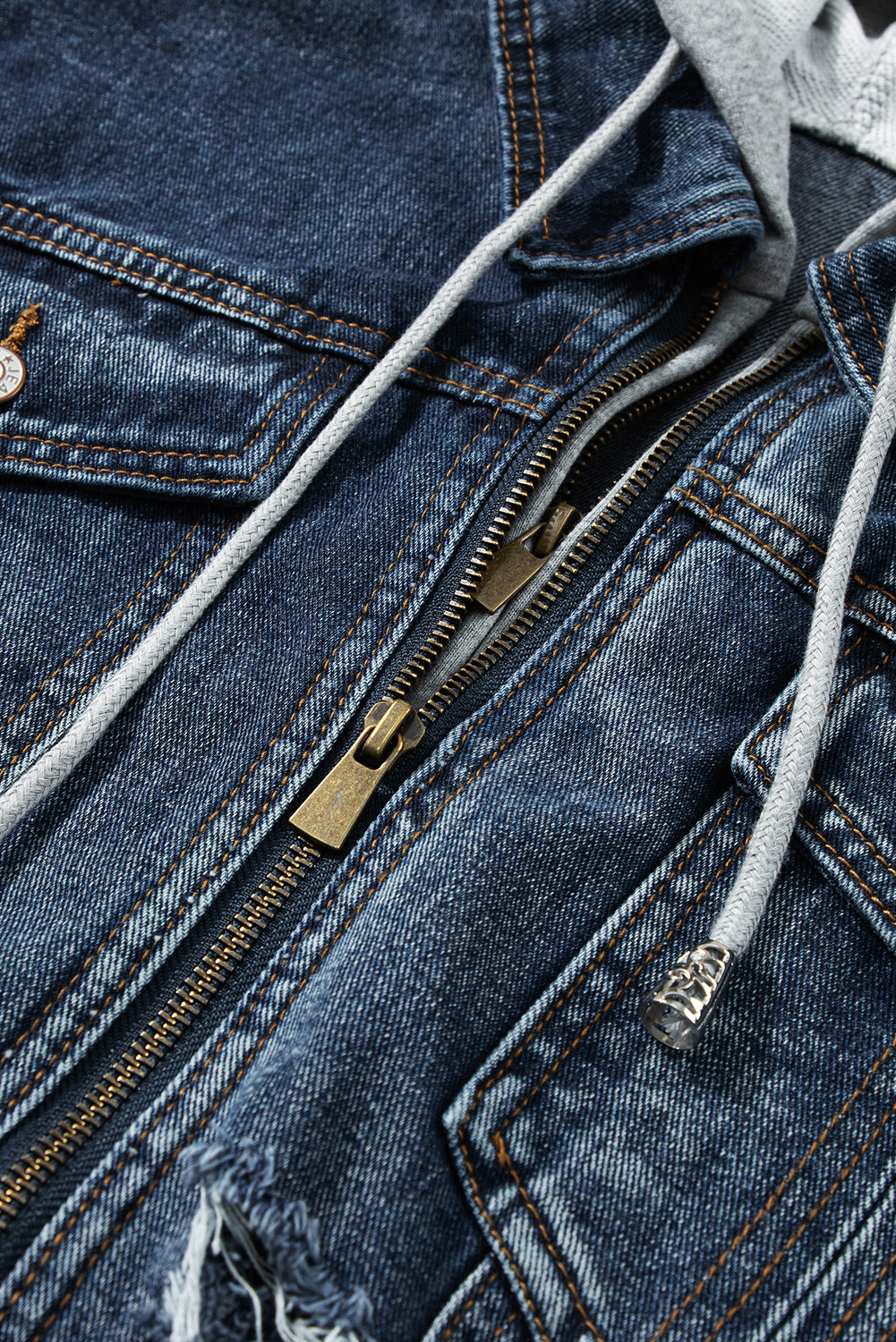 Dark Blue Faux Layered Hooded Zip-Up Denim Jacket