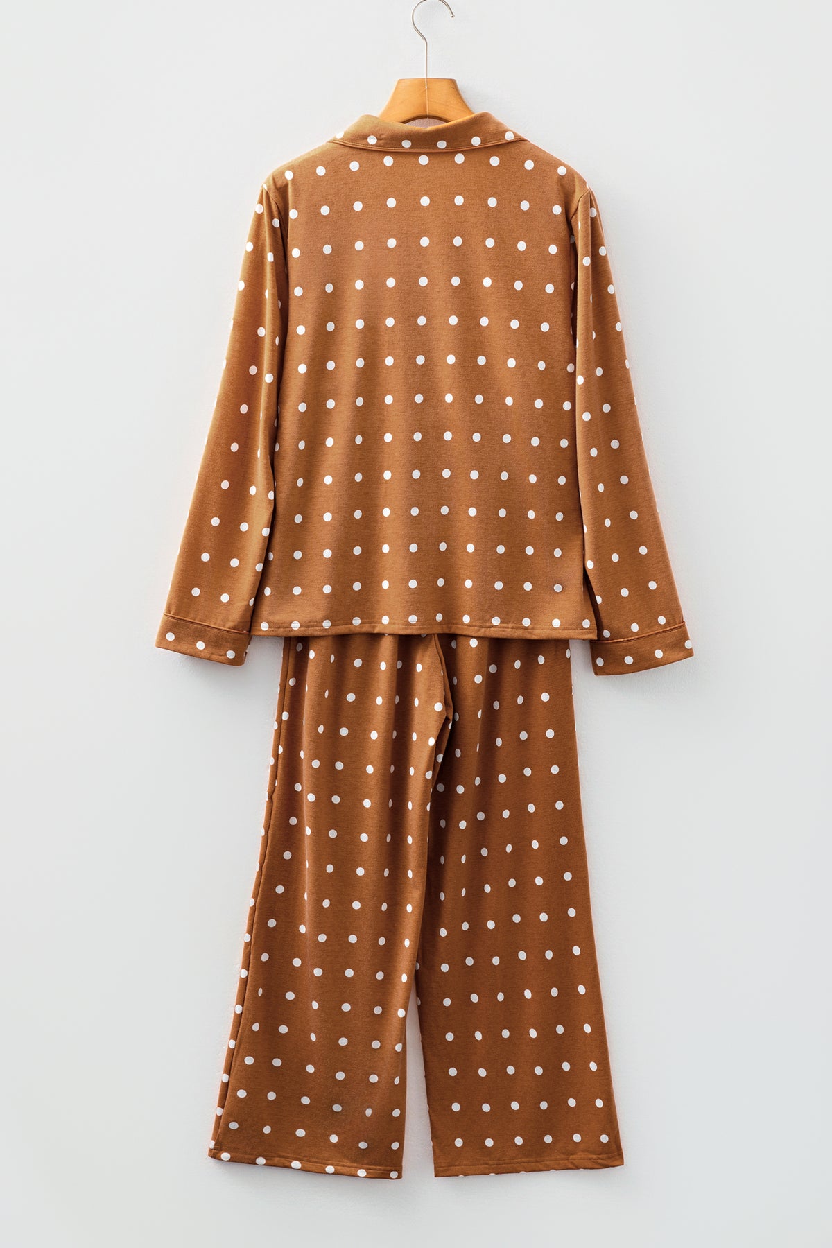 Brown Polka Dot Print Long Sleeve Shirt Pant Pajama Set